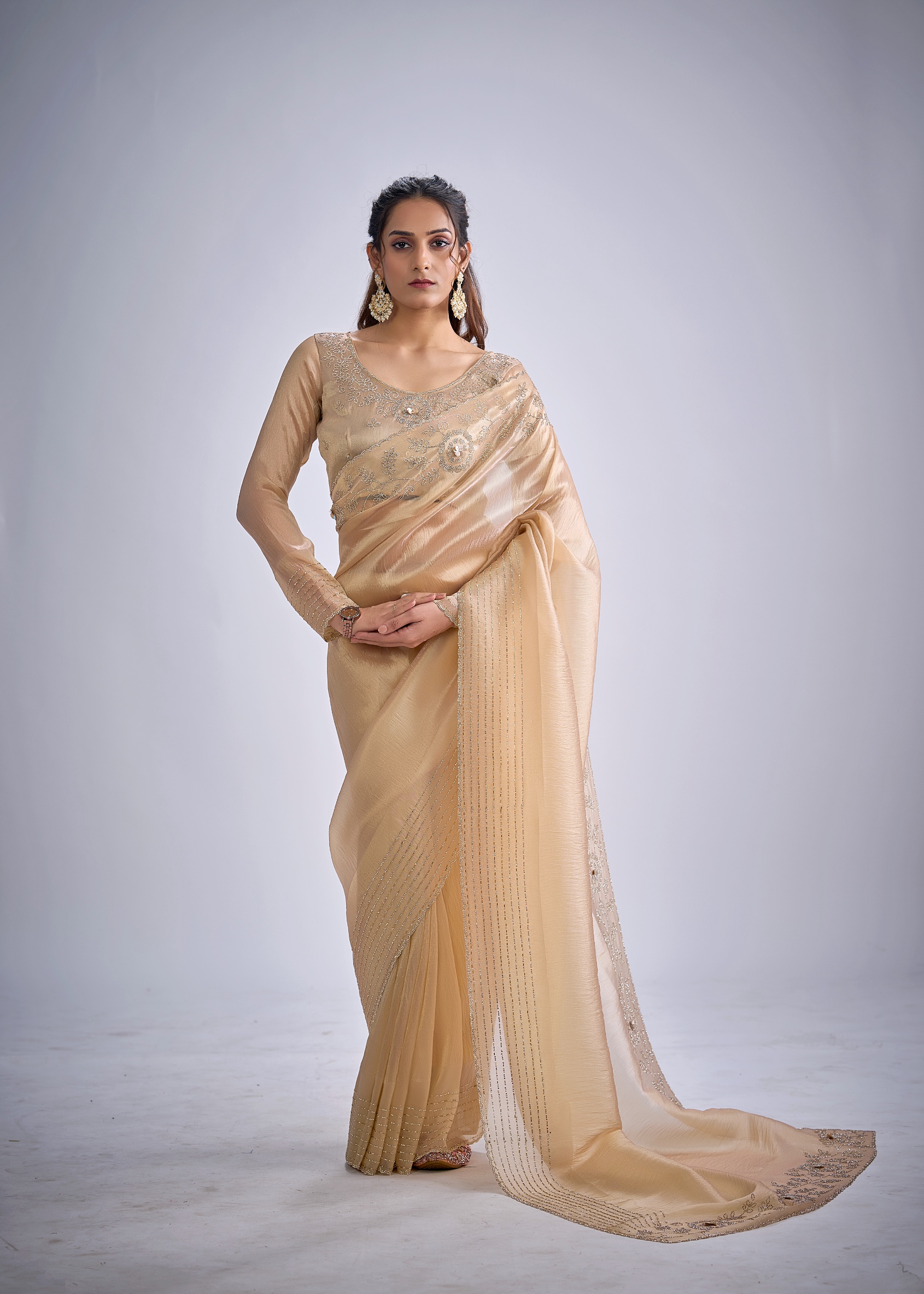 Chiku Floral Zircon Kanjivaram Pure Silk Saree