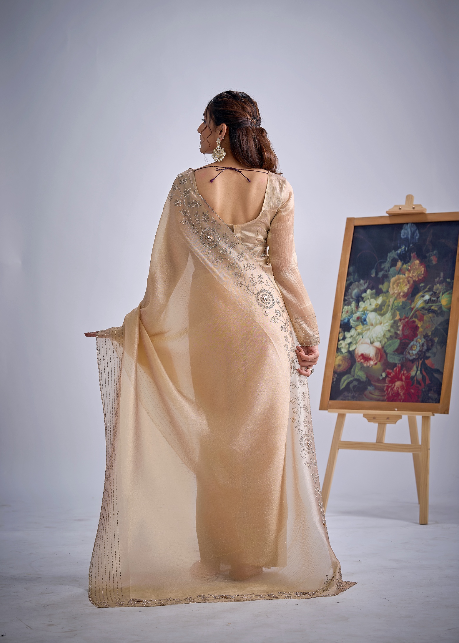 Chiku Floral Zircon Kanjivaram Pure Silk Saree — alternate view