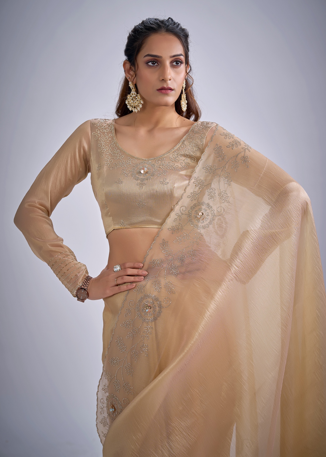 Chiku Floral Zircon Kanjivaram Pure Silk Saree