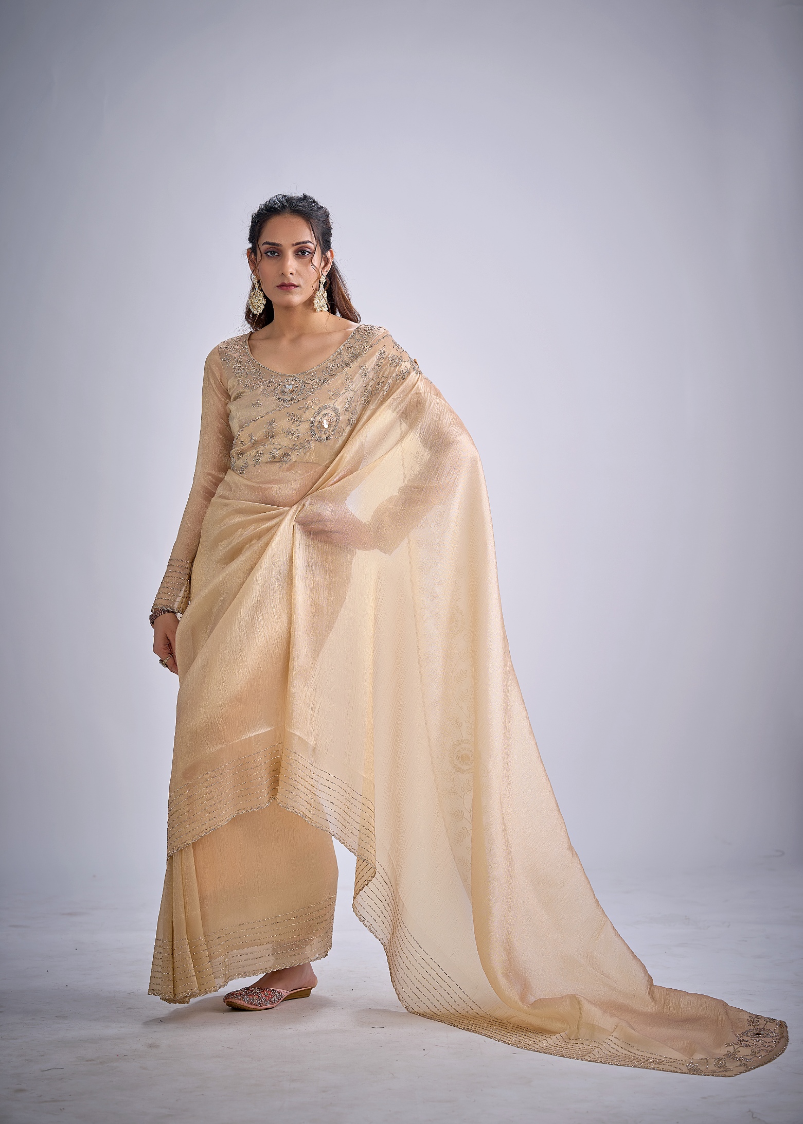 Chiku Floral Zircon Kanjivaram Pure Silk Saree