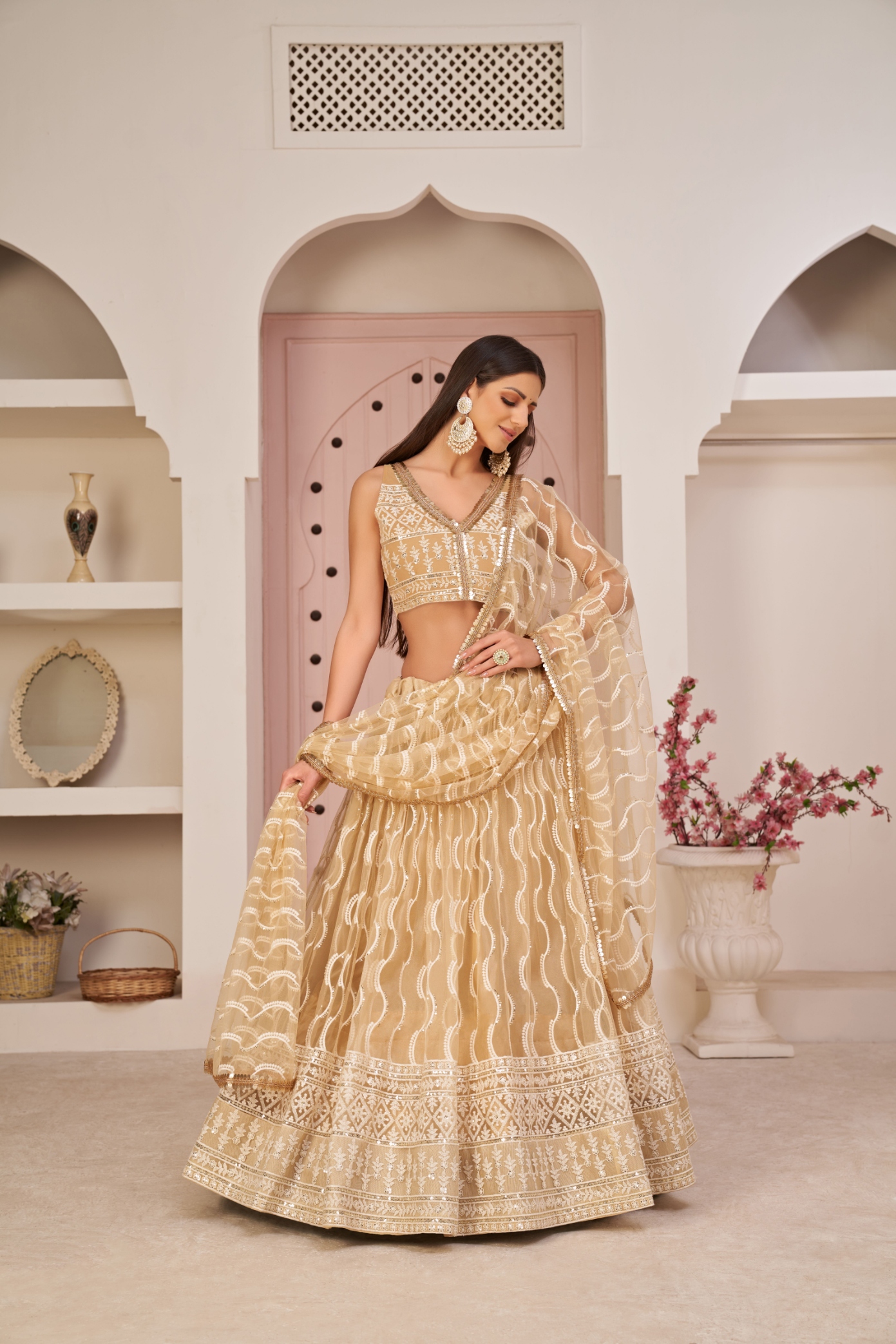 Chiku Geometric Sequins Butterfly Net Flared Lehenga Choli