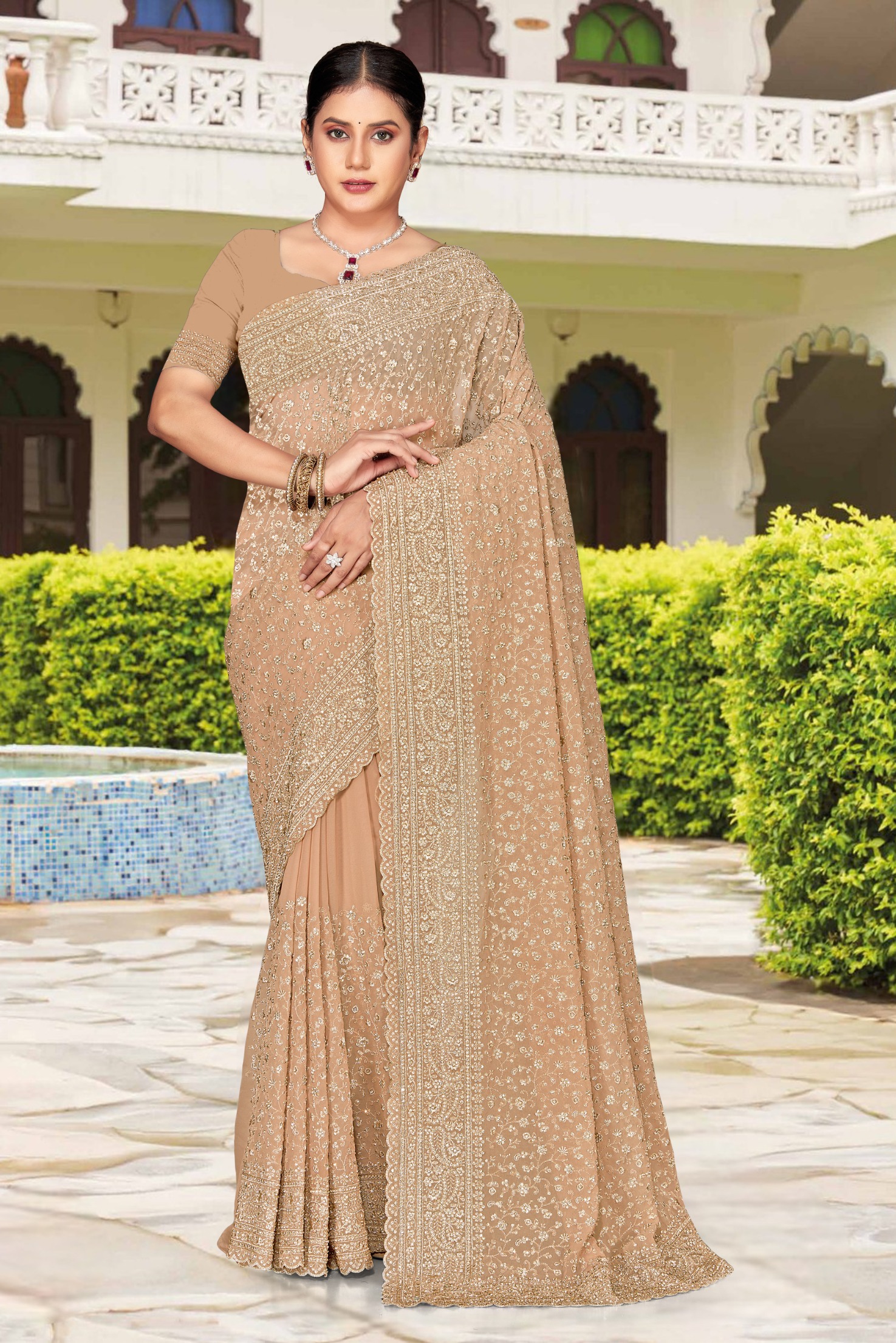 Chiku Gold Zari Embroidered Georgette Saree
