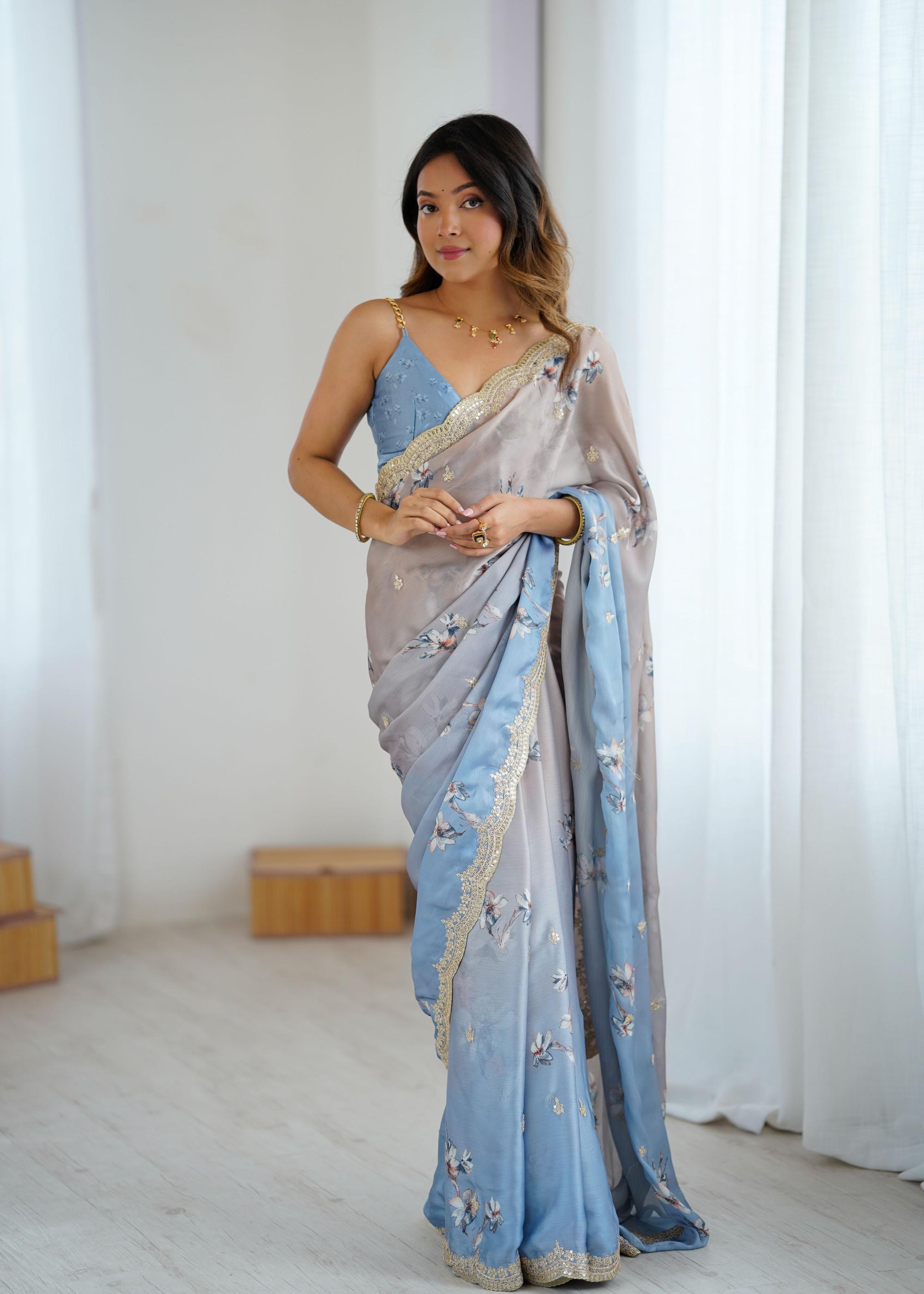 Chiku-Grey Satin Chiffon Hand Printed Sequins Embroidered Saree