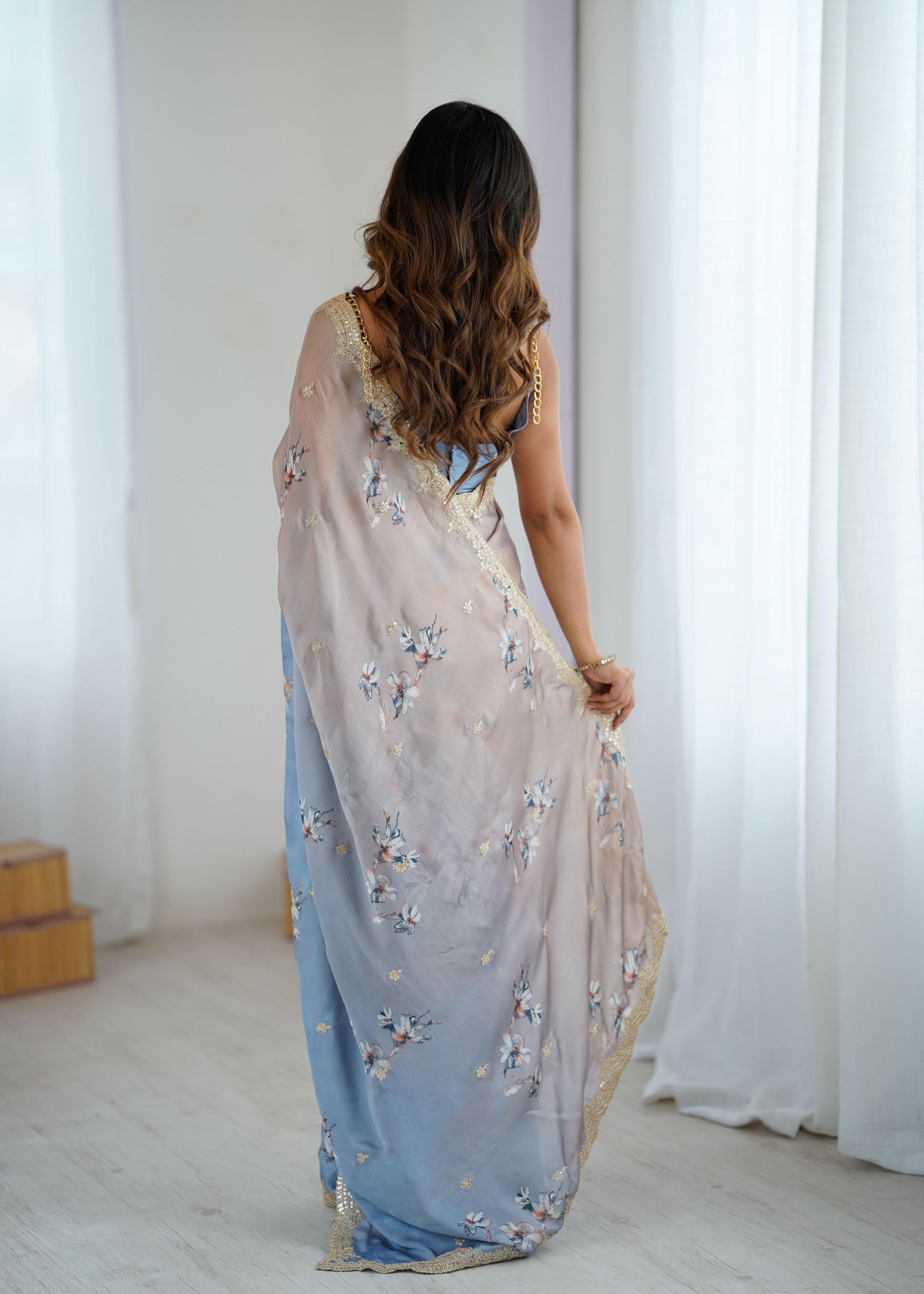 Chiku-Grey Satin Chiffon Hand Printed Sequins Embroidered Saree — alternate view