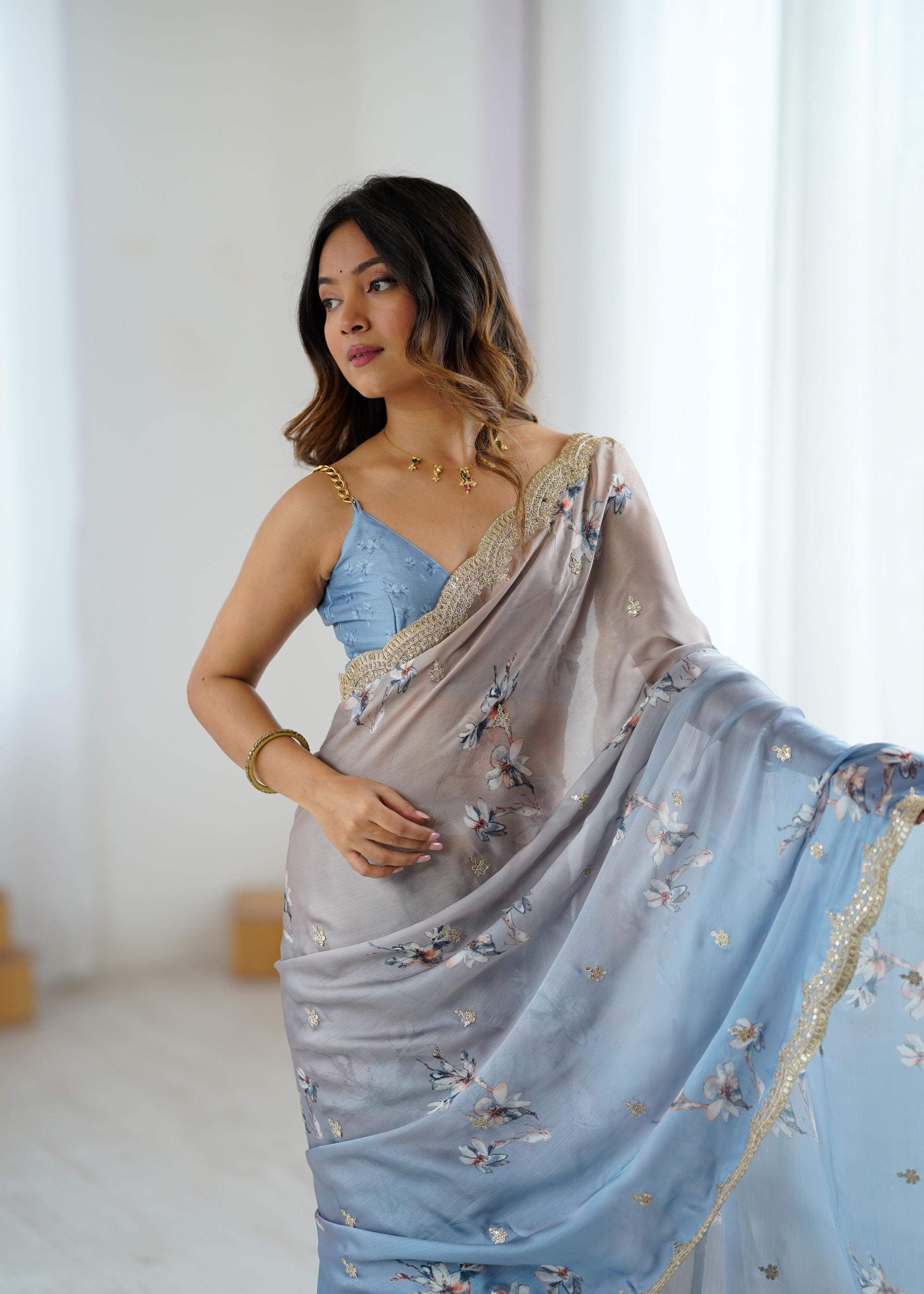 Chiku-Grey Satin Chiffon Hand Printed Sequins Embroidered Saree