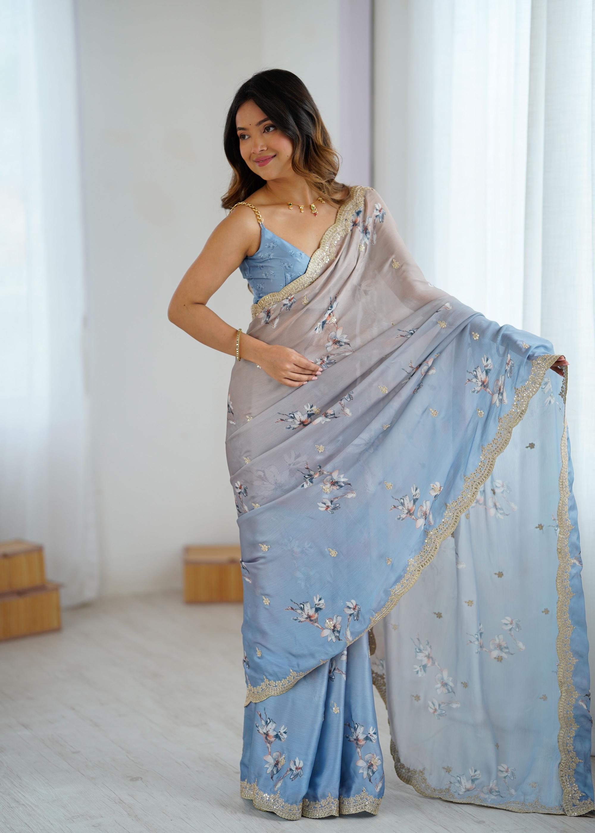 Chiku-Grey Satin Chiffon Hand Printed Sequins Embroidered Saree