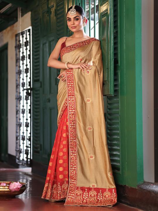 Chiku Maroon Satin Designer Saree