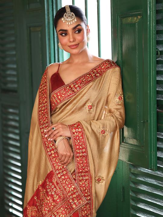 Chiku Maroon Satin Designer Saree