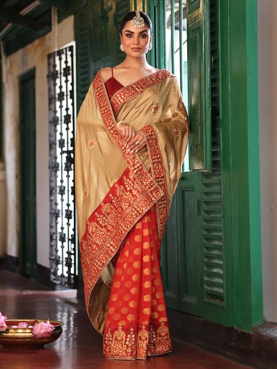 Chiku Maroon Satin Designer Saree
