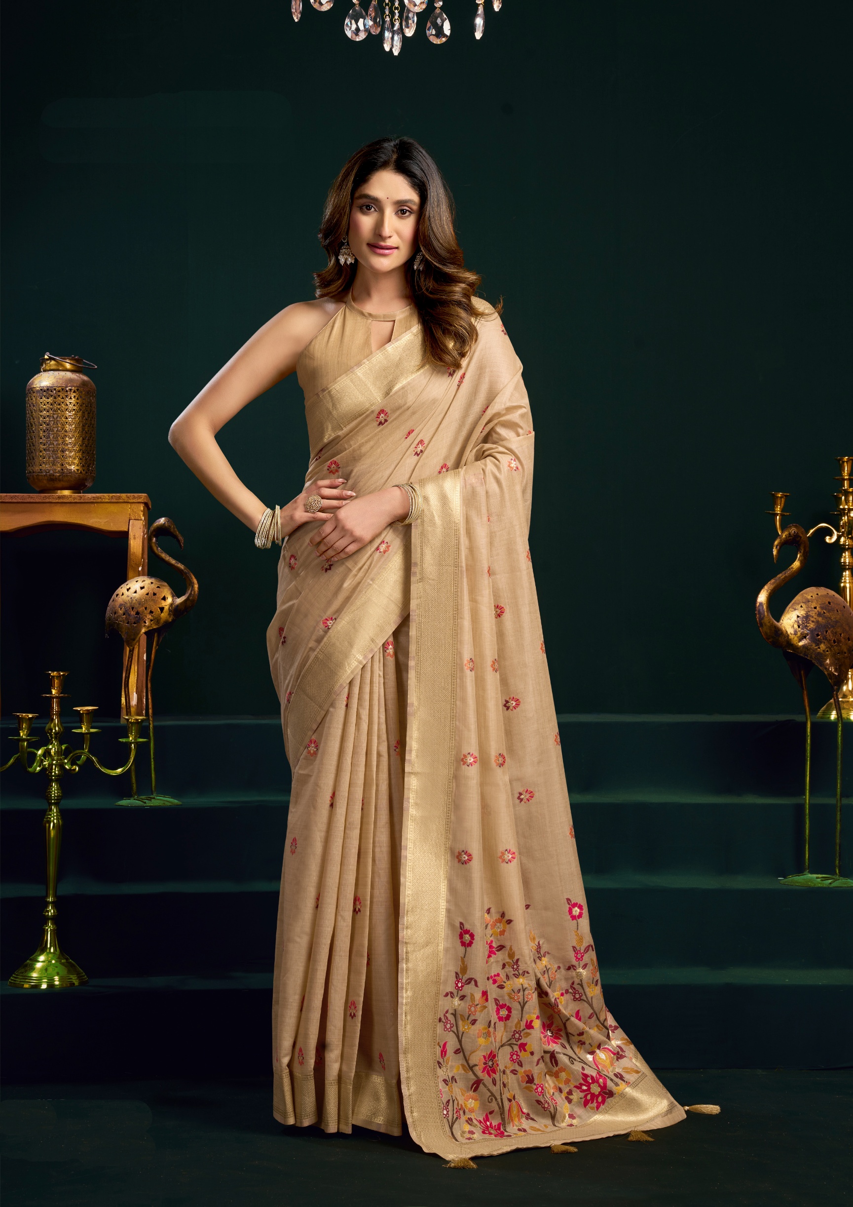 Chiku Munga Cotton Floral Mina Zari Elegant Saree