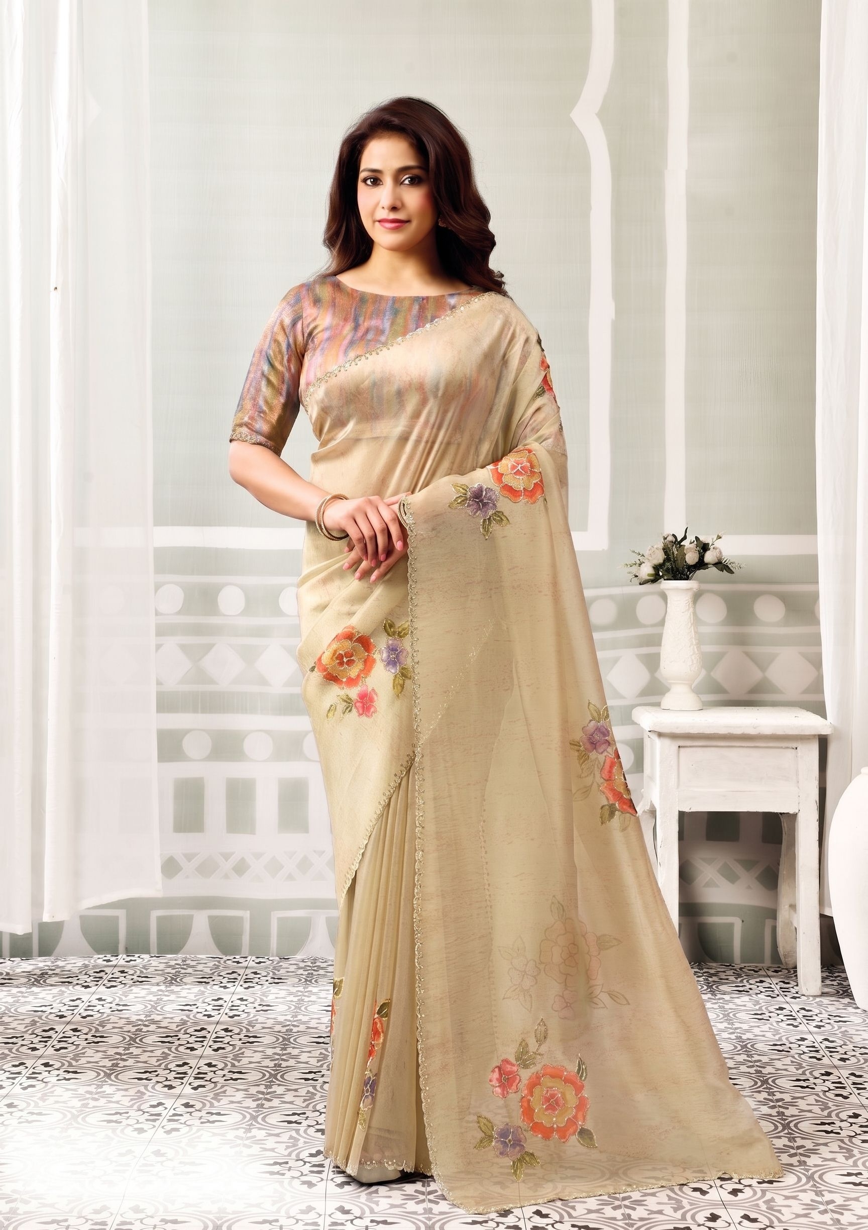 Chiku Organza Tissue Embroidered Saree