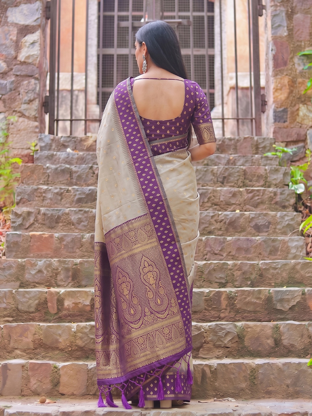 Chiku Purple Weaving Zari Cotton Saree — alternate view