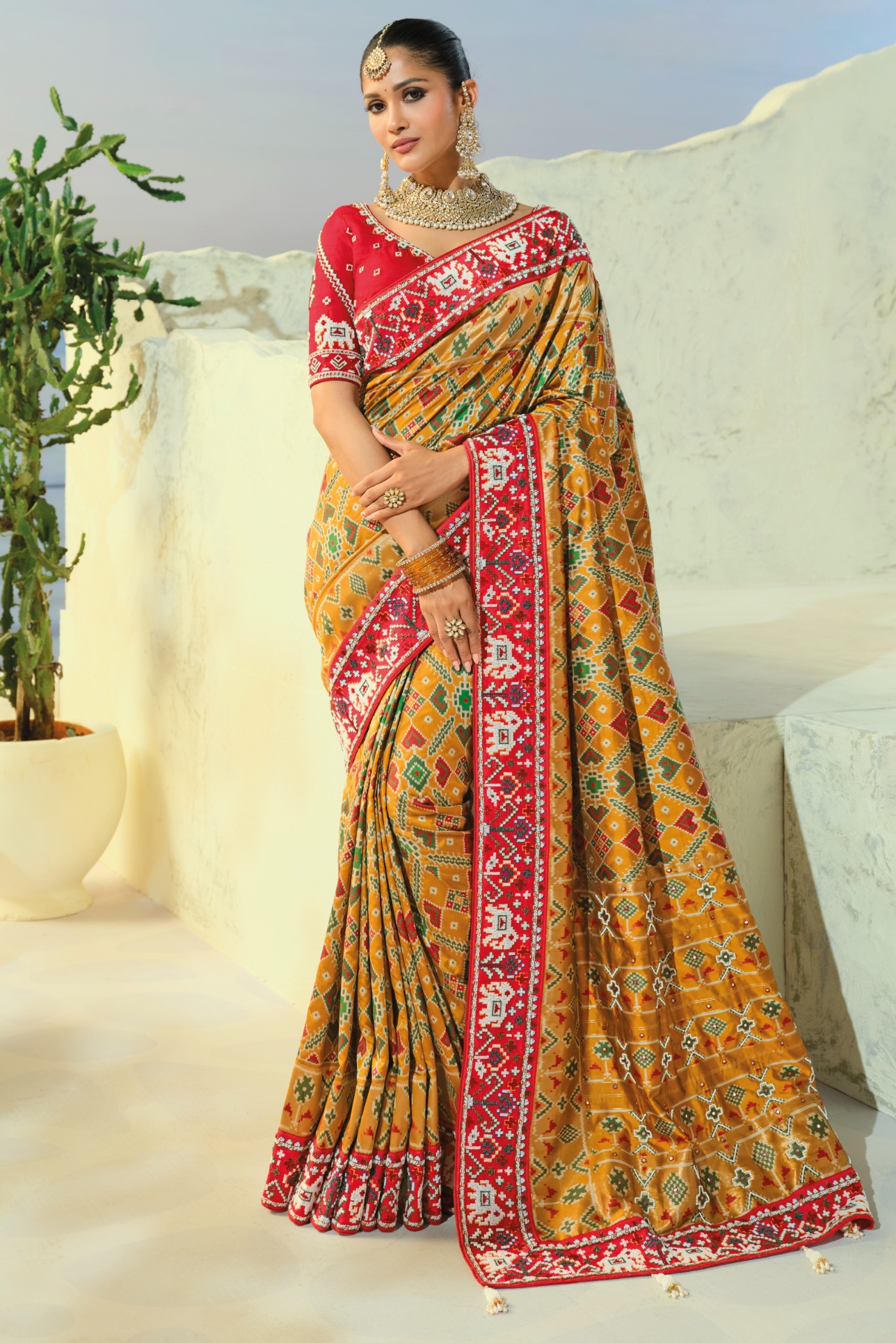 Chiku Red Patola Moti Beads Pure Patan Saree