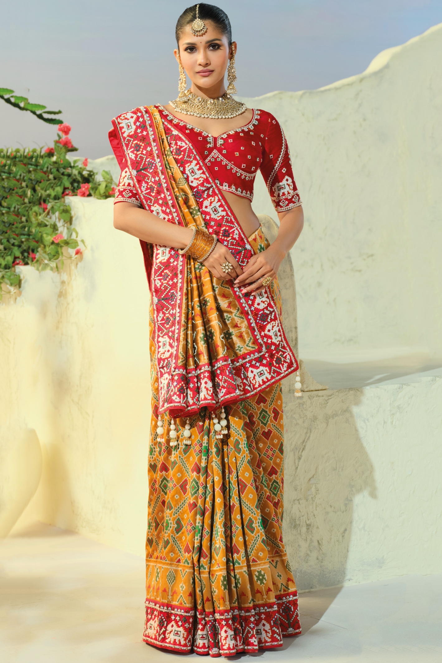 Chiku Red Patola Moti Beads Pure Patan Saree