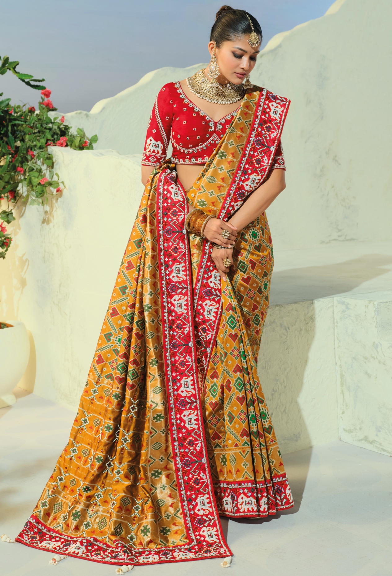 Chiku Red Patola Moti Beads Pure Patan Saree