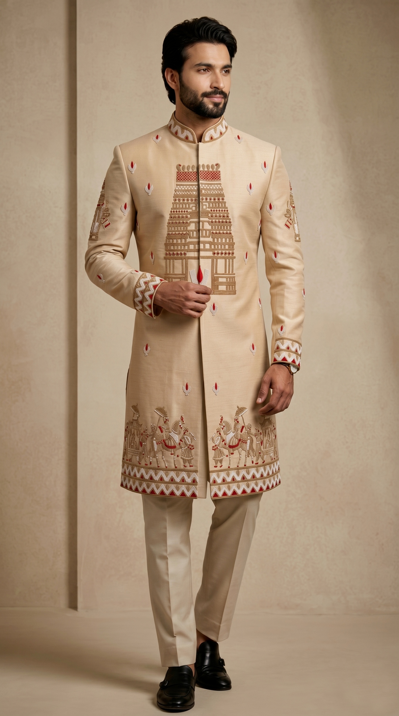 Chiku Satin Silk Bead Work Indo-Western Sherwani