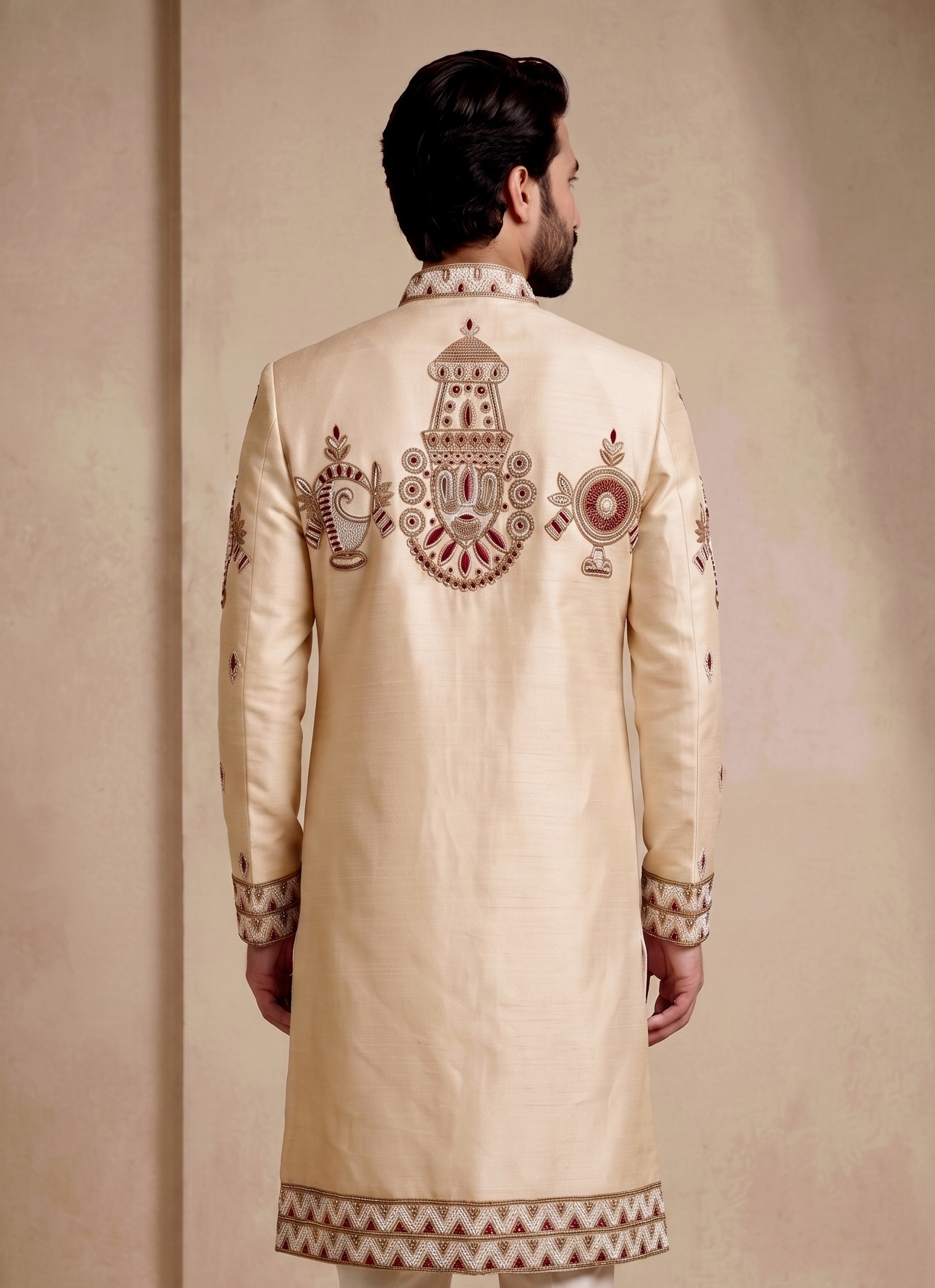 Chiku Satin Silk Bead Work Indo-Western Sherwani — alternate view