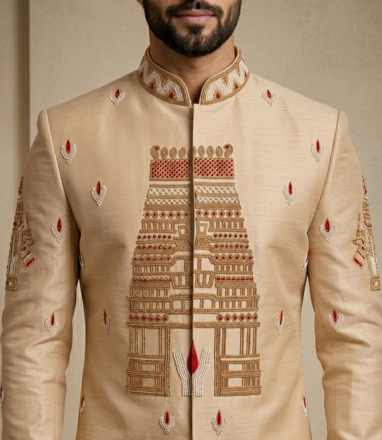 Chiku Satin Silk Bead Work Indo-Western Sherwani