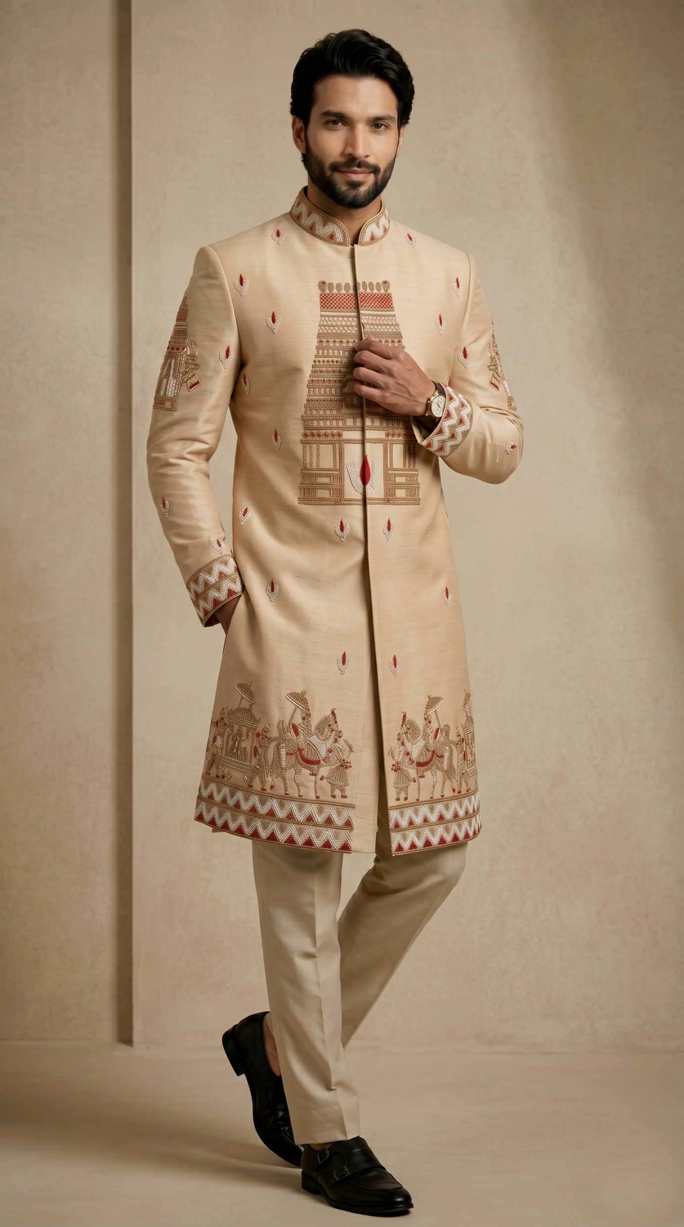 Chiku Satin Silk Bead Work Indo-Western Sherwani