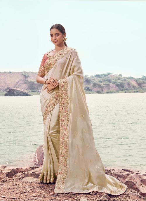 Chiku Satin Silk Saree with Heavy Embroidery