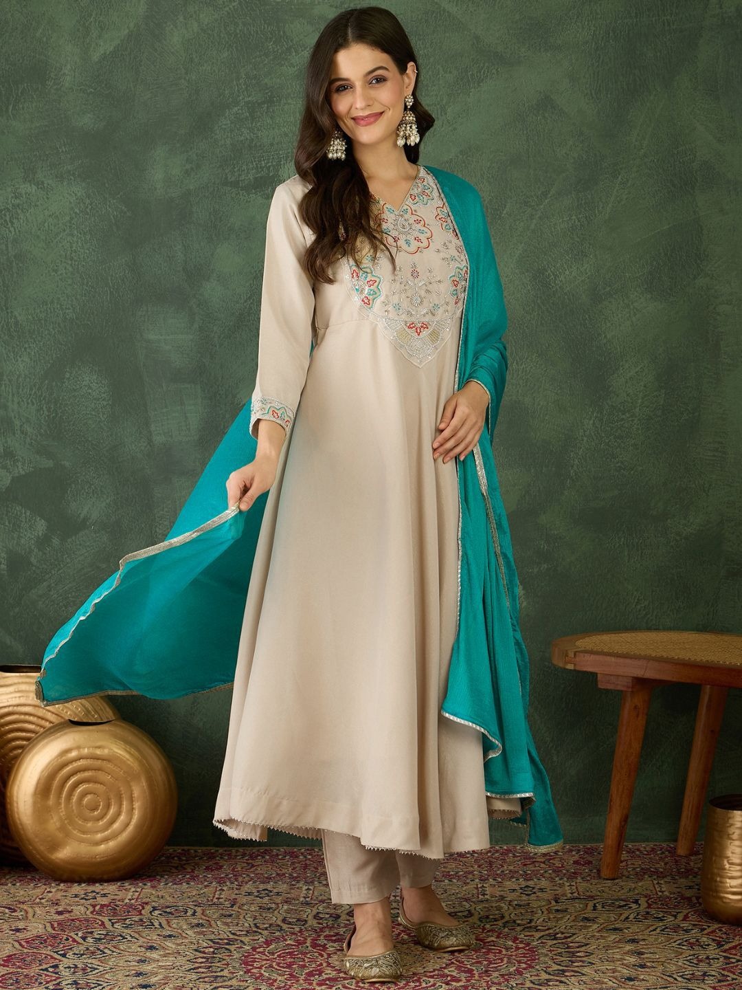 Chiku Sea Green Rayon Embroidered Readymade Suit