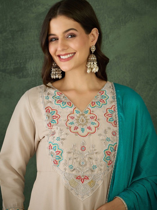 Chiku Sea Green Rayon Embroidered Readymade Suit