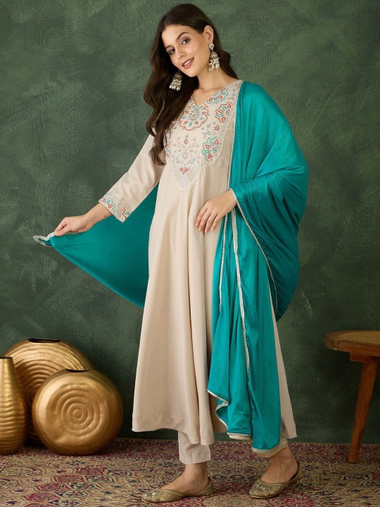 Chiku Sea Green Rayon Embroidered Readymade Suit