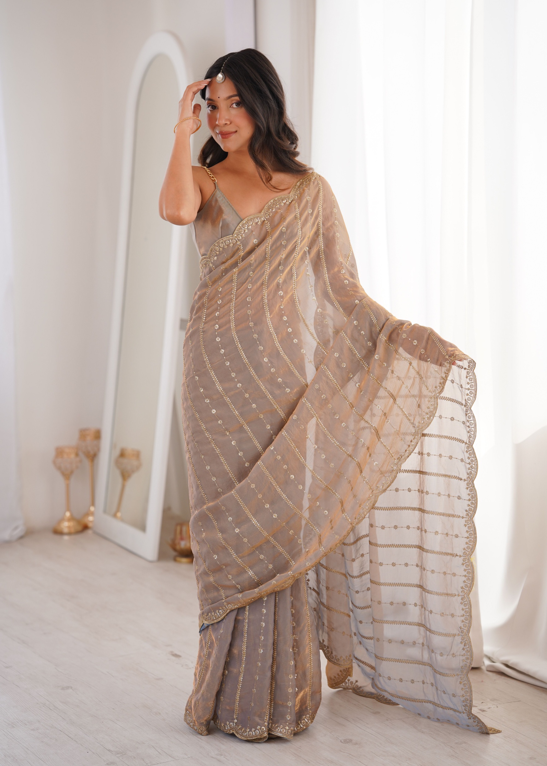 Chiku Sequin Embroidered Fendy Satin Saree