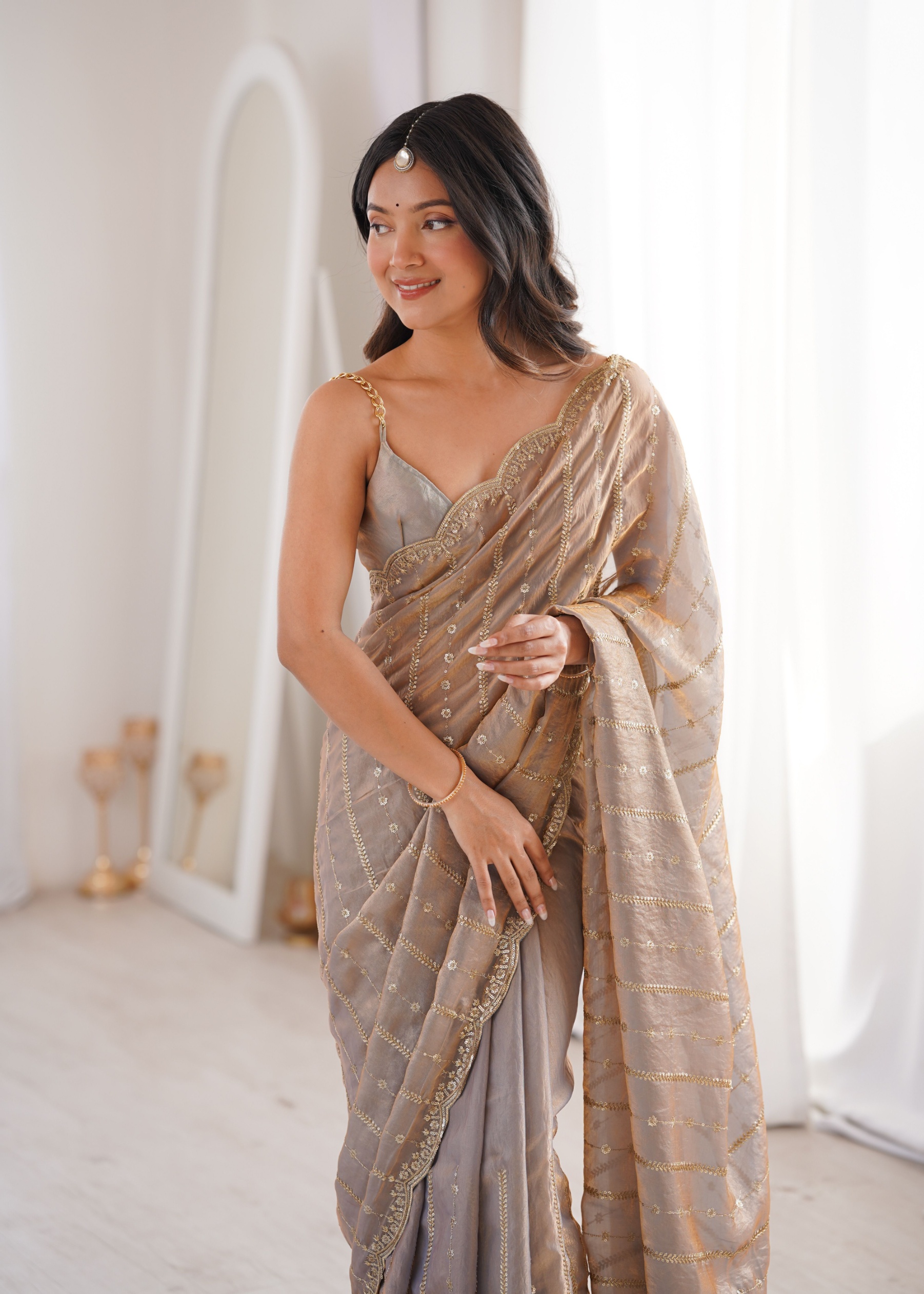 Chiku Sequin Embroidered Fendy Satin Saree