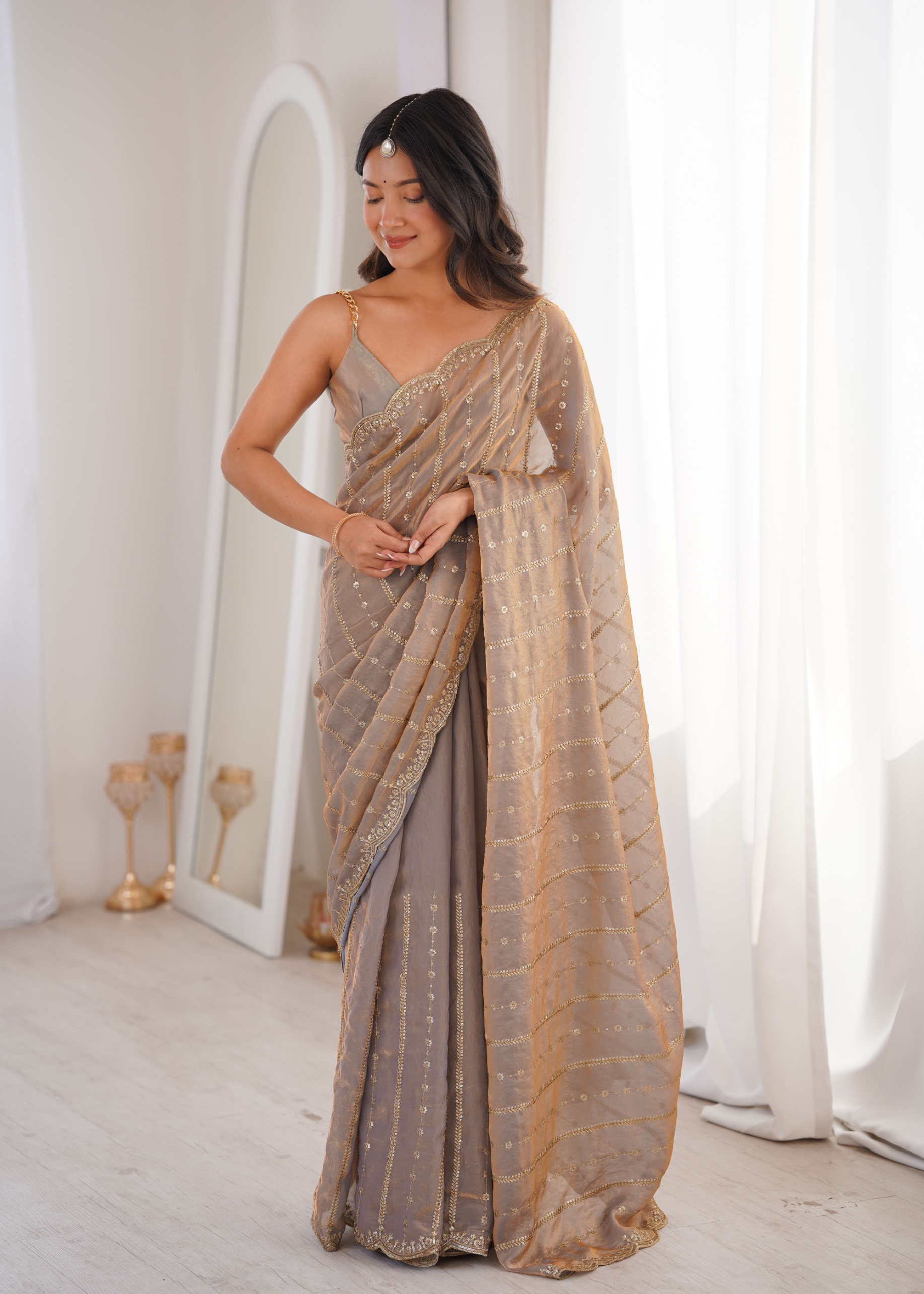 Chiku Sequin Embroidered Fendy Satin Saree