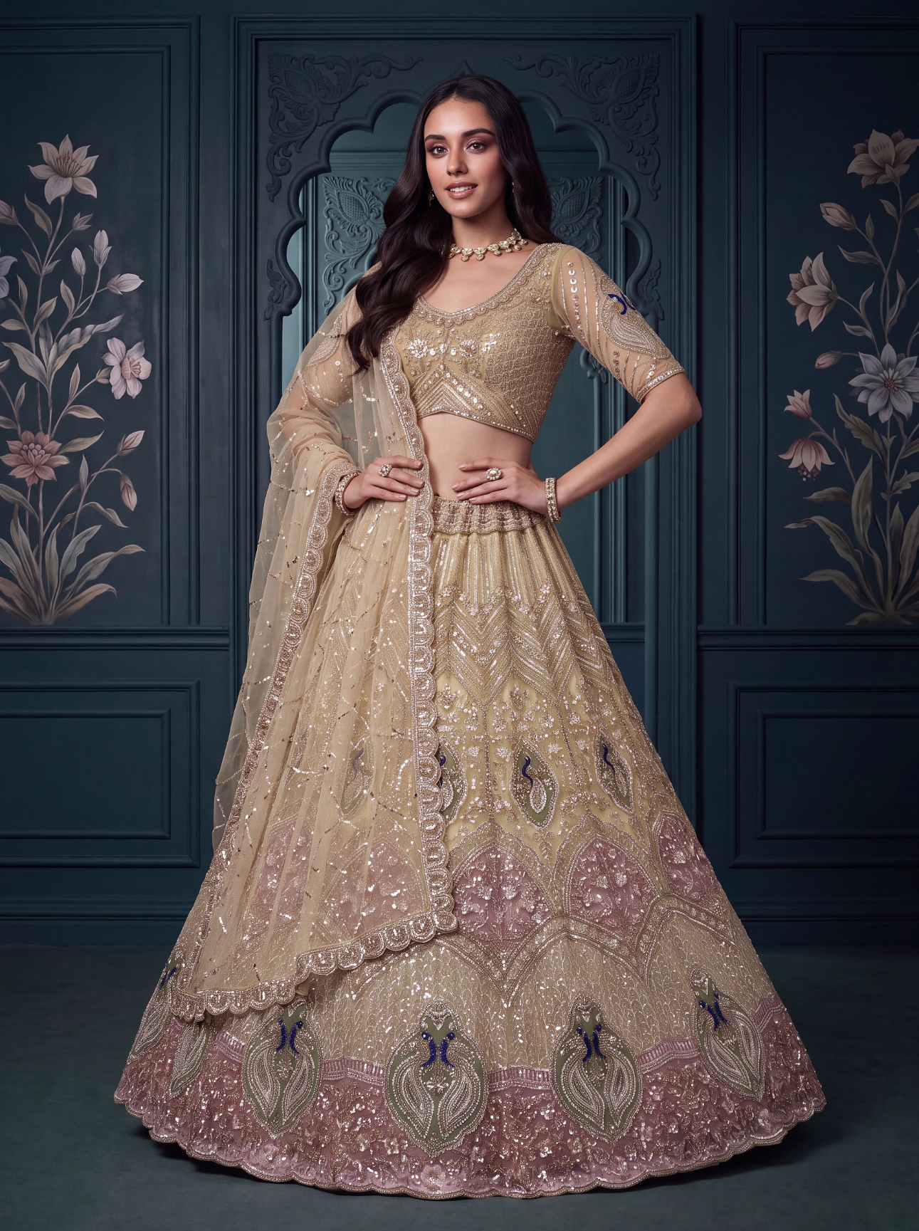 Chiku Sequin Zari Net Bridal Lehenga Choli