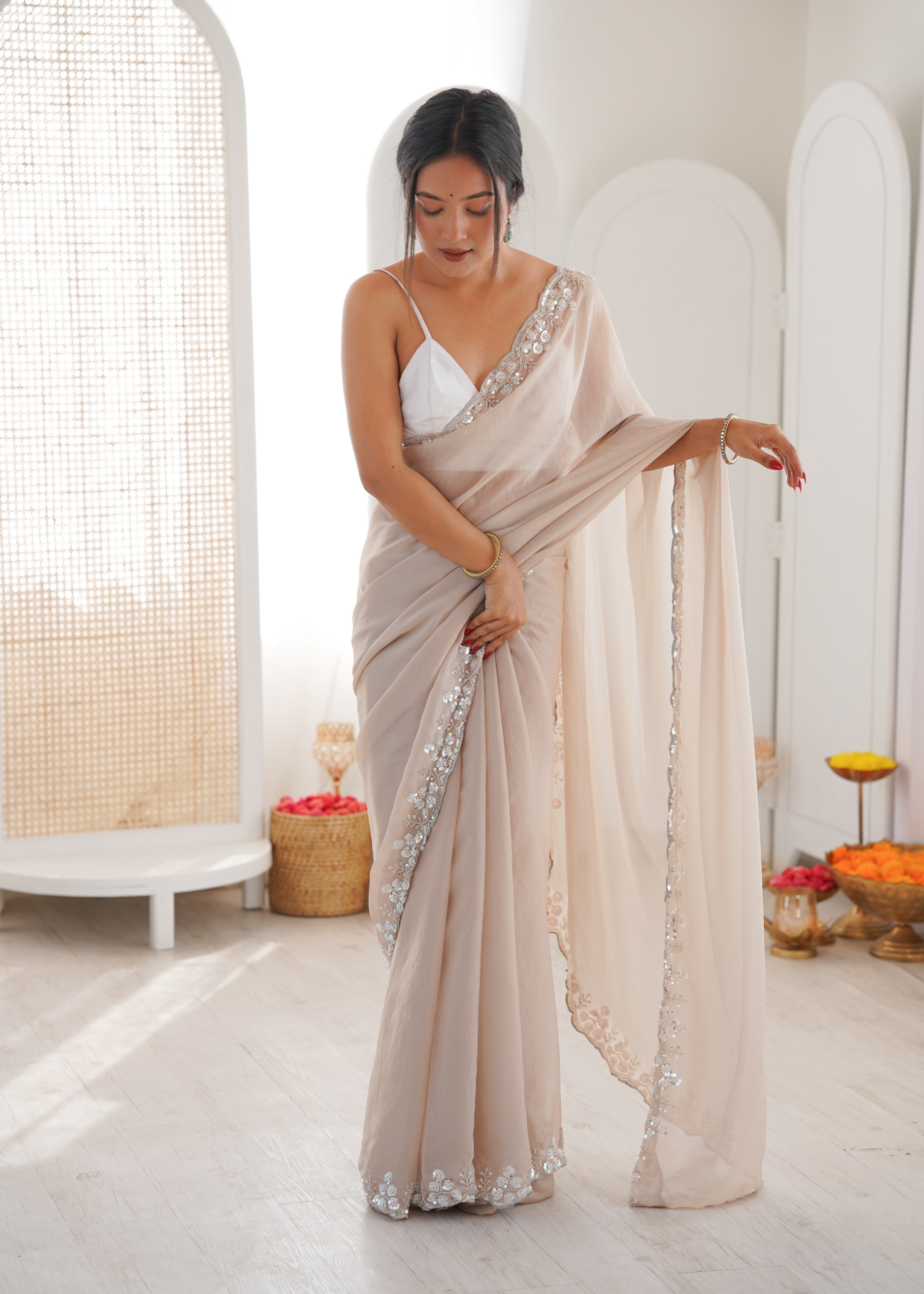 Chiku Solid Sequin Organza Saree