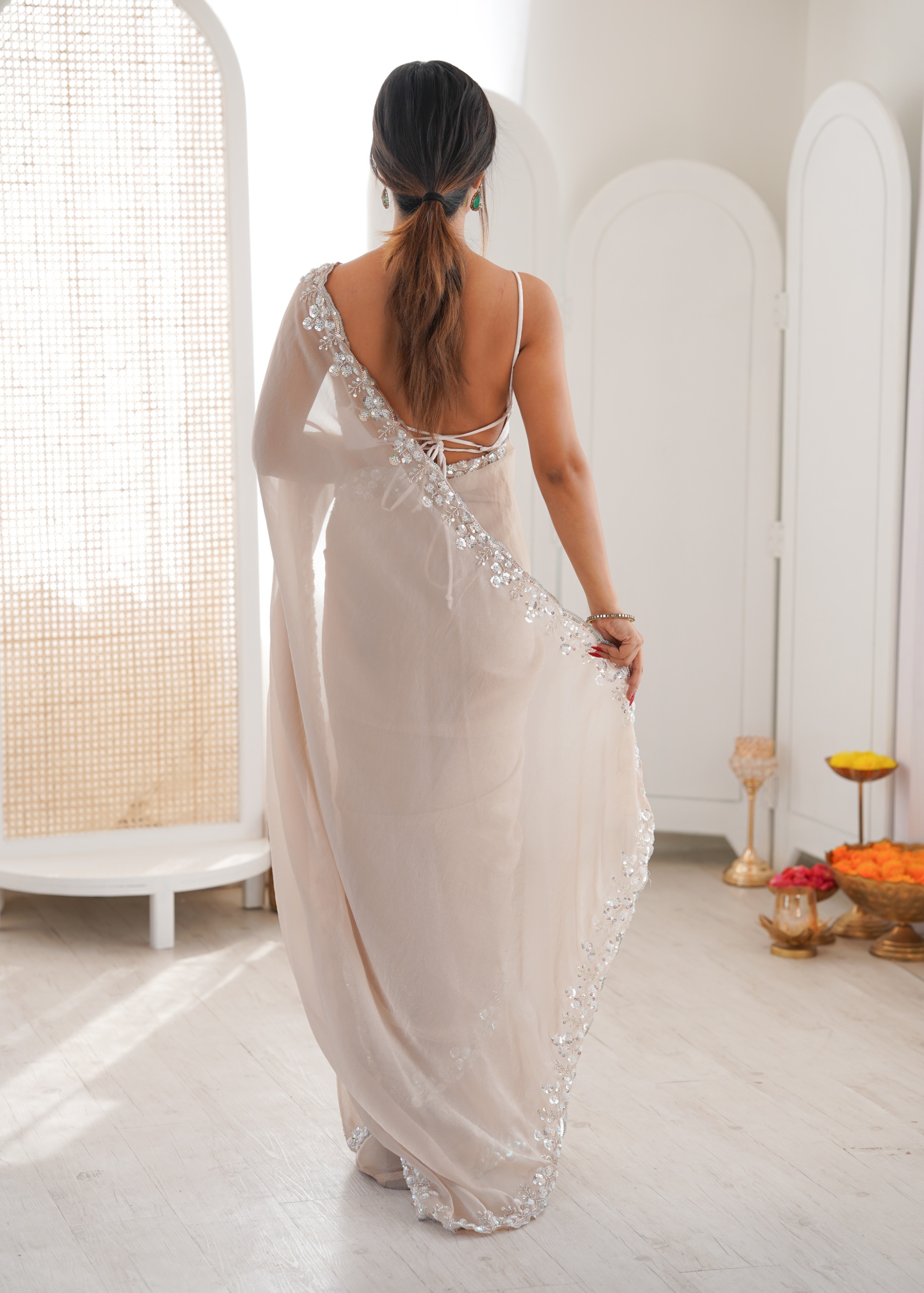 Chiku Solid Sequin Organza Saree — alternate view