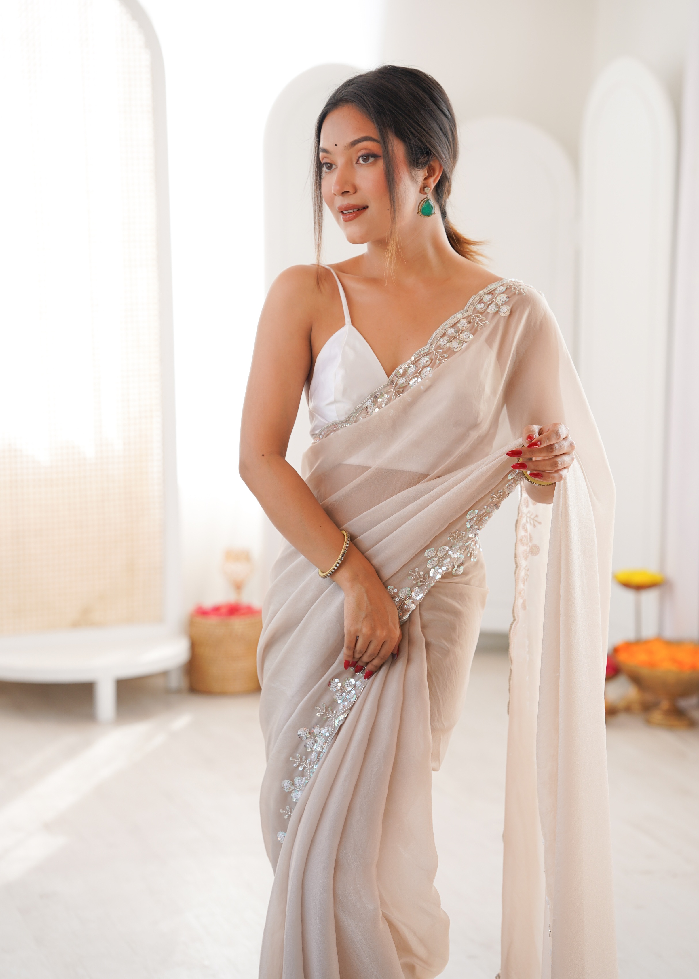 Chiku Solid Sequin Organza Saree