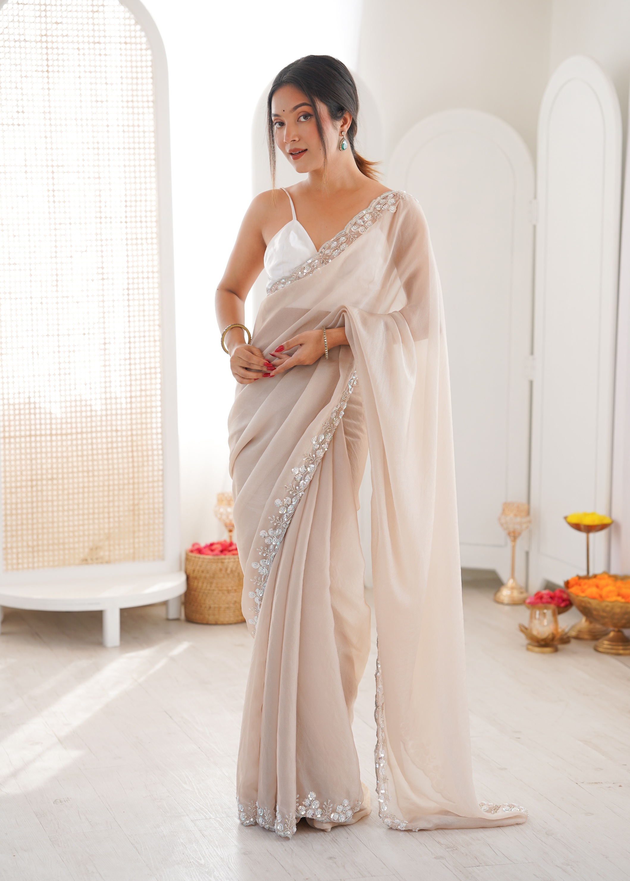 Chiku Solid Sequin Organza Saree