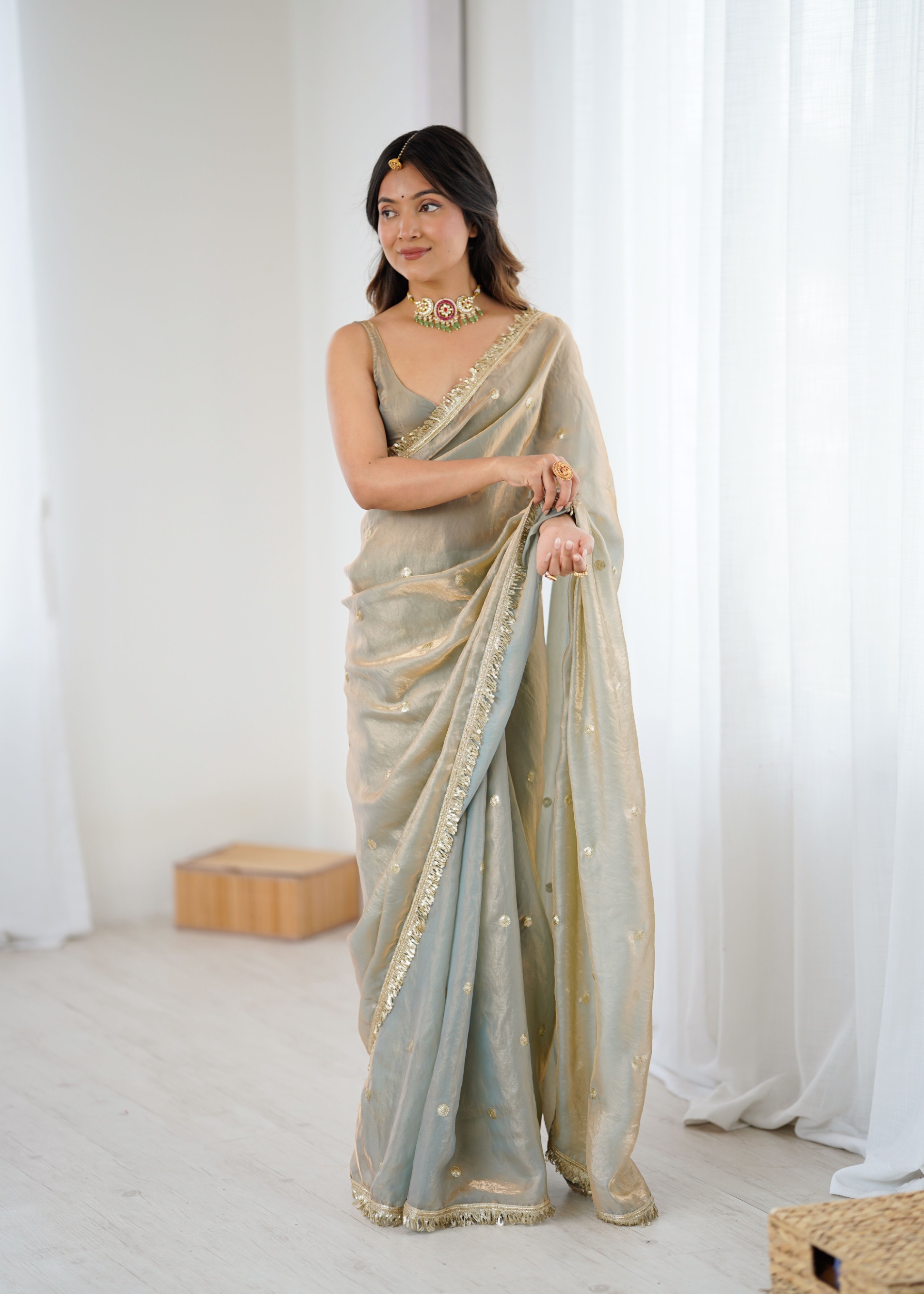 Chiku Zari Sequin Fendy Satin Saree