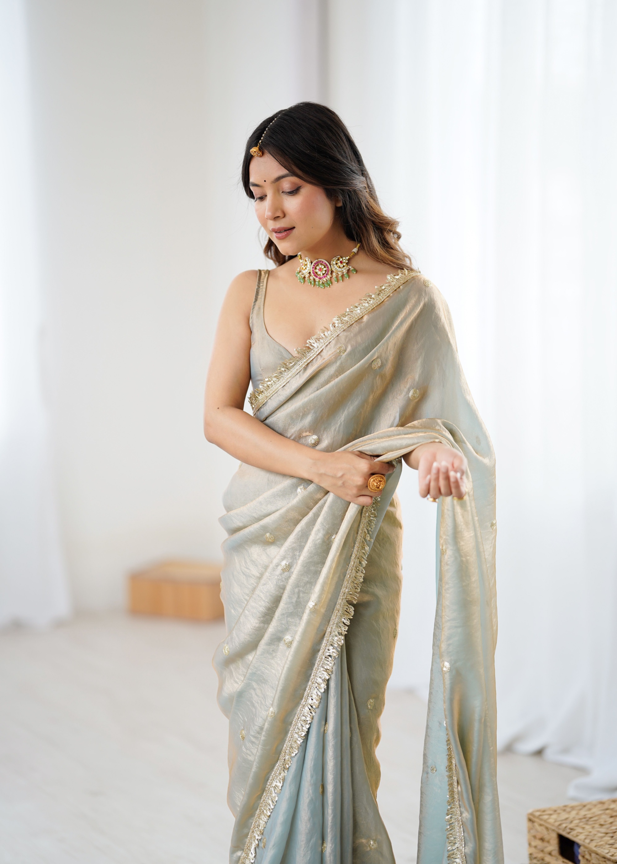Chiku Zari Sequin Fendy Satin Saree