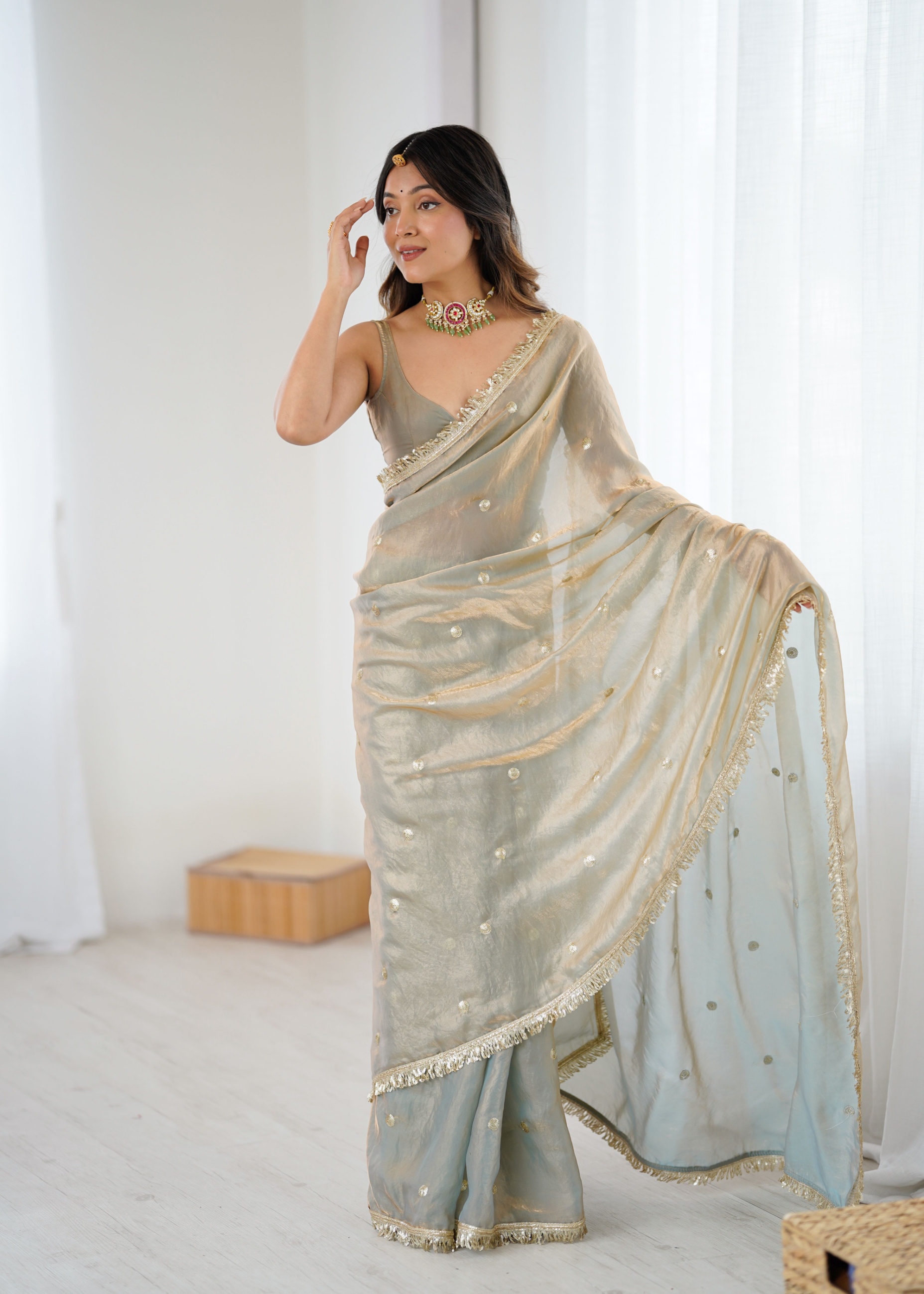 Chiku Zari Sequin Fendy Satin Saree