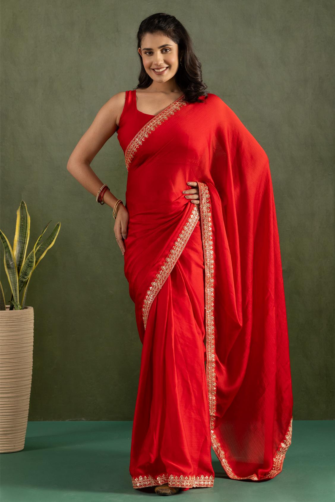 Chilli Red Chiffon Ready To Wear Saree