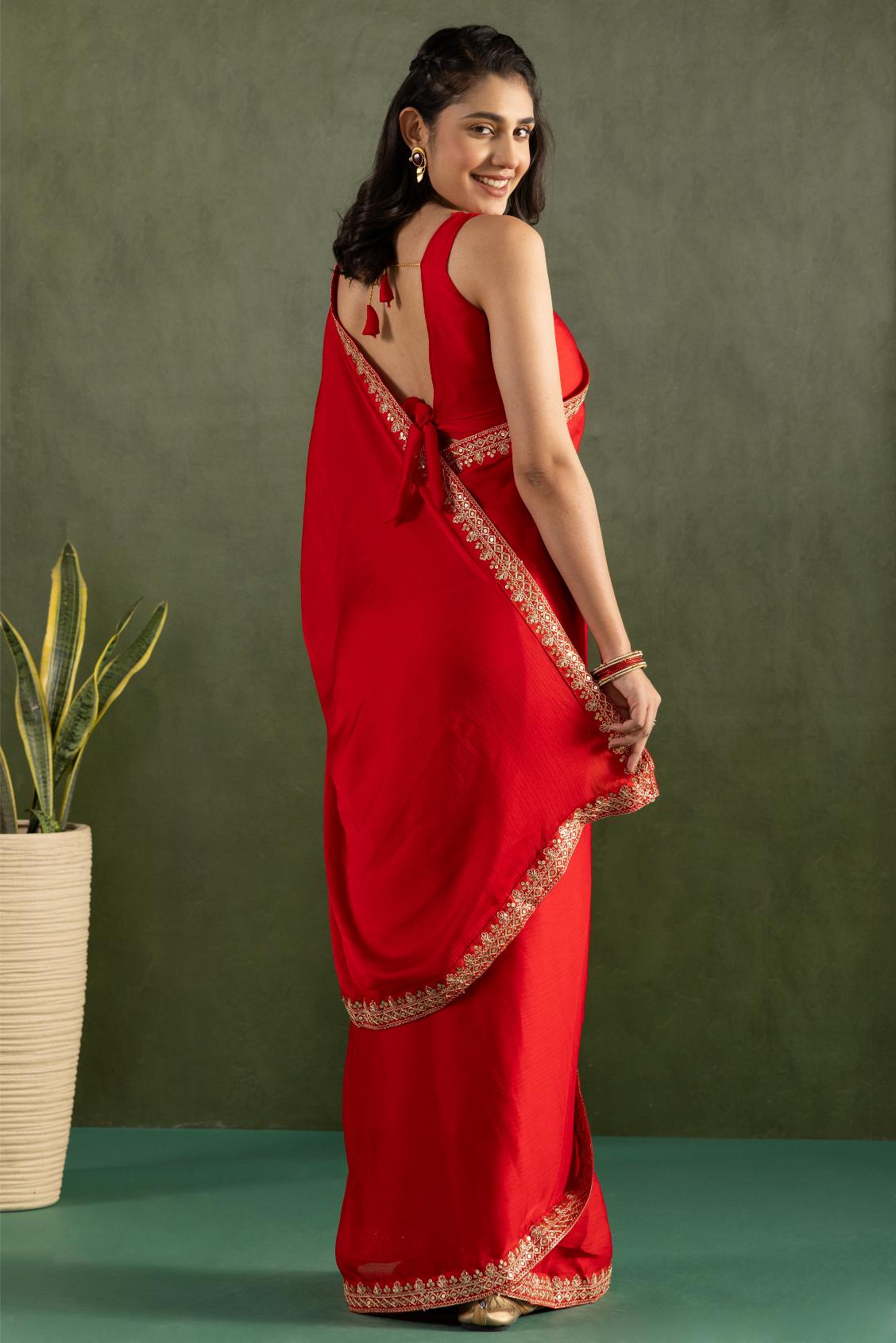 Chilli Red Chiffon Ready To Wear Saree — alternate view