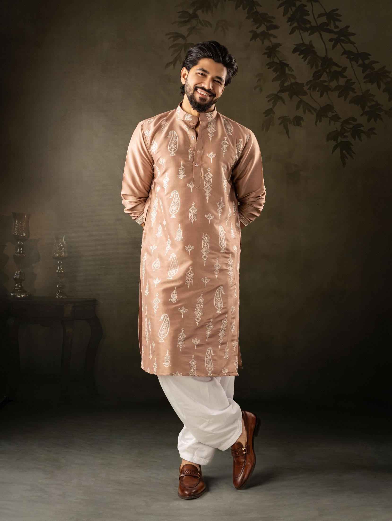 Chocolate Brown Silk Embroidered Kurta Pyjama