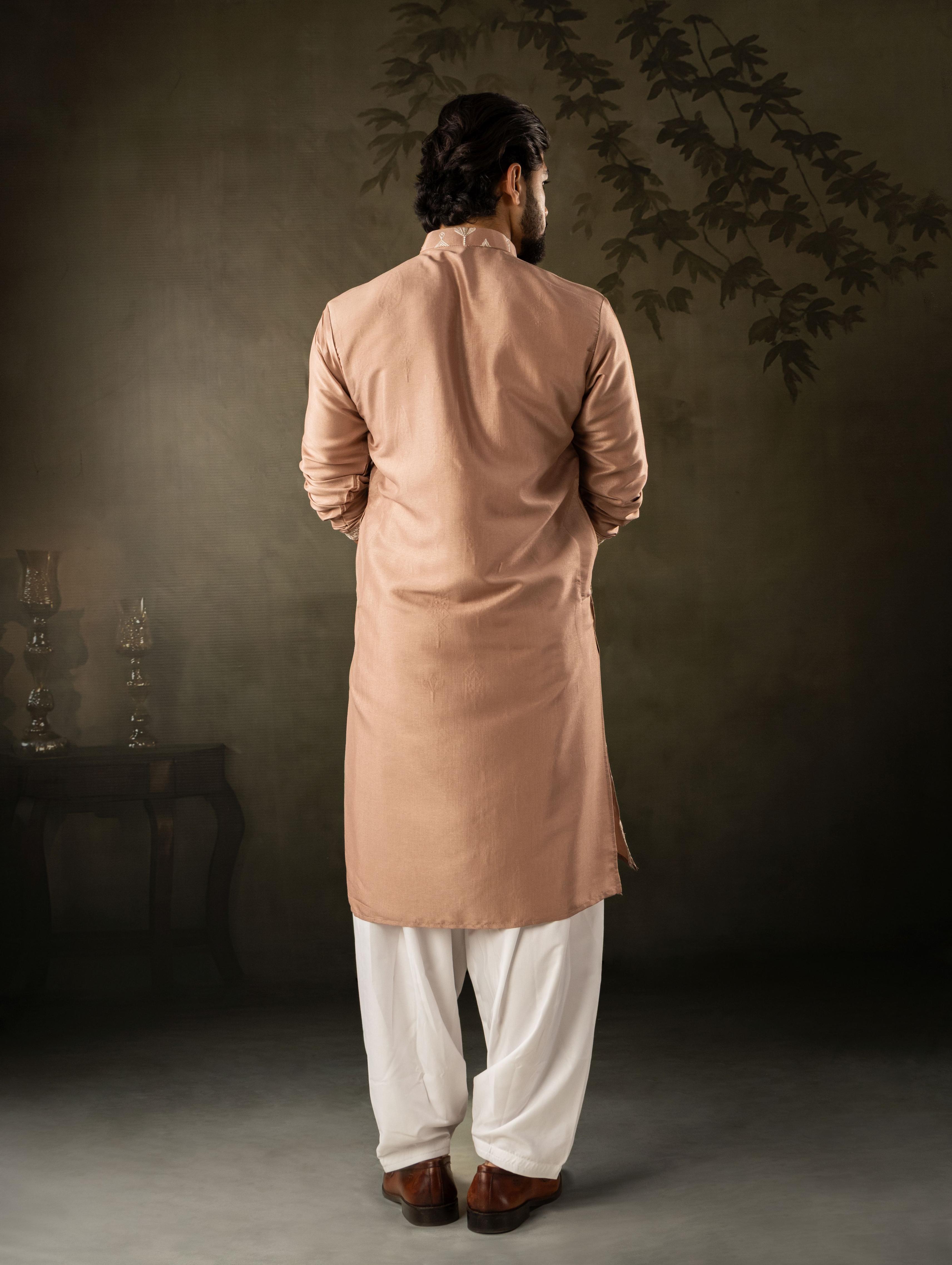 Chocolate Brown Silk Embroidered Kurta Pyjama — alternate view