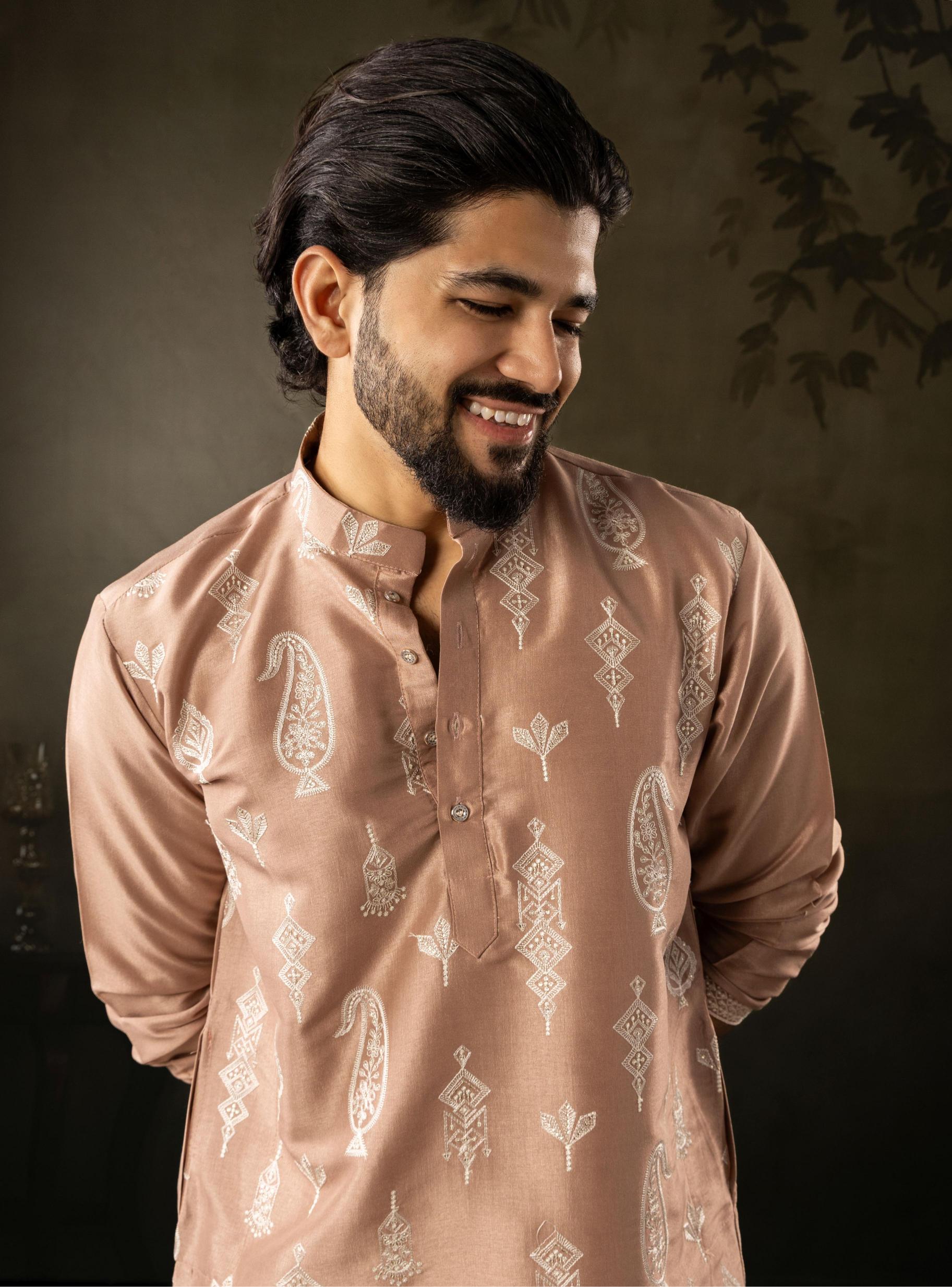 Chocolate Brown Silk Embroidered Kurta Pyjama