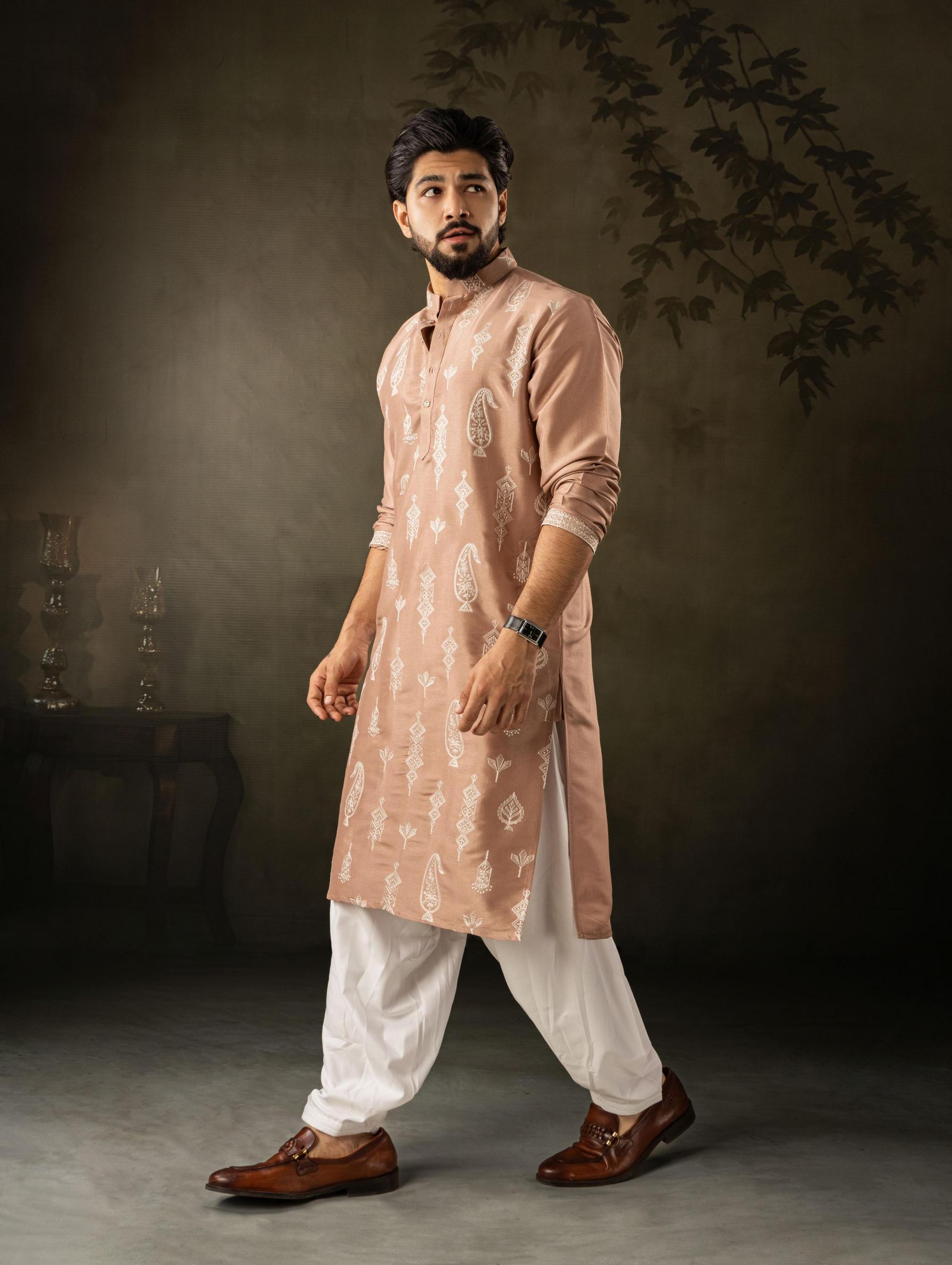 Chocolate Brown Silk Embroidered Kurta Pyjama