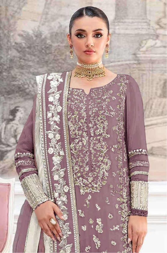 Chocolate Ethnic Motif Embroidered Crunchy Silk Salwar Suit — alternate view