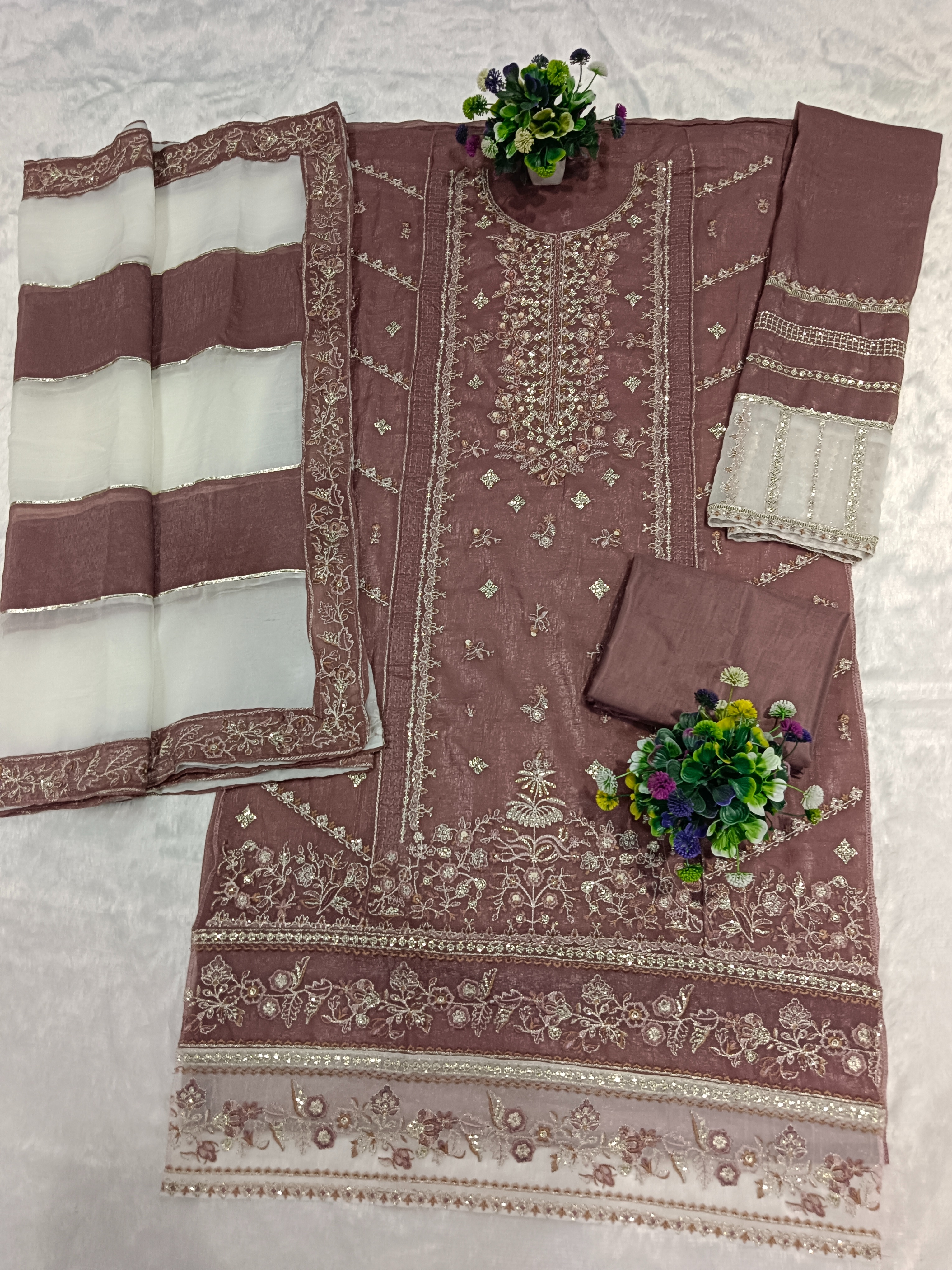 Chocolate Ethnic Motif Embroidered Crunchy Silk Salwar Suit