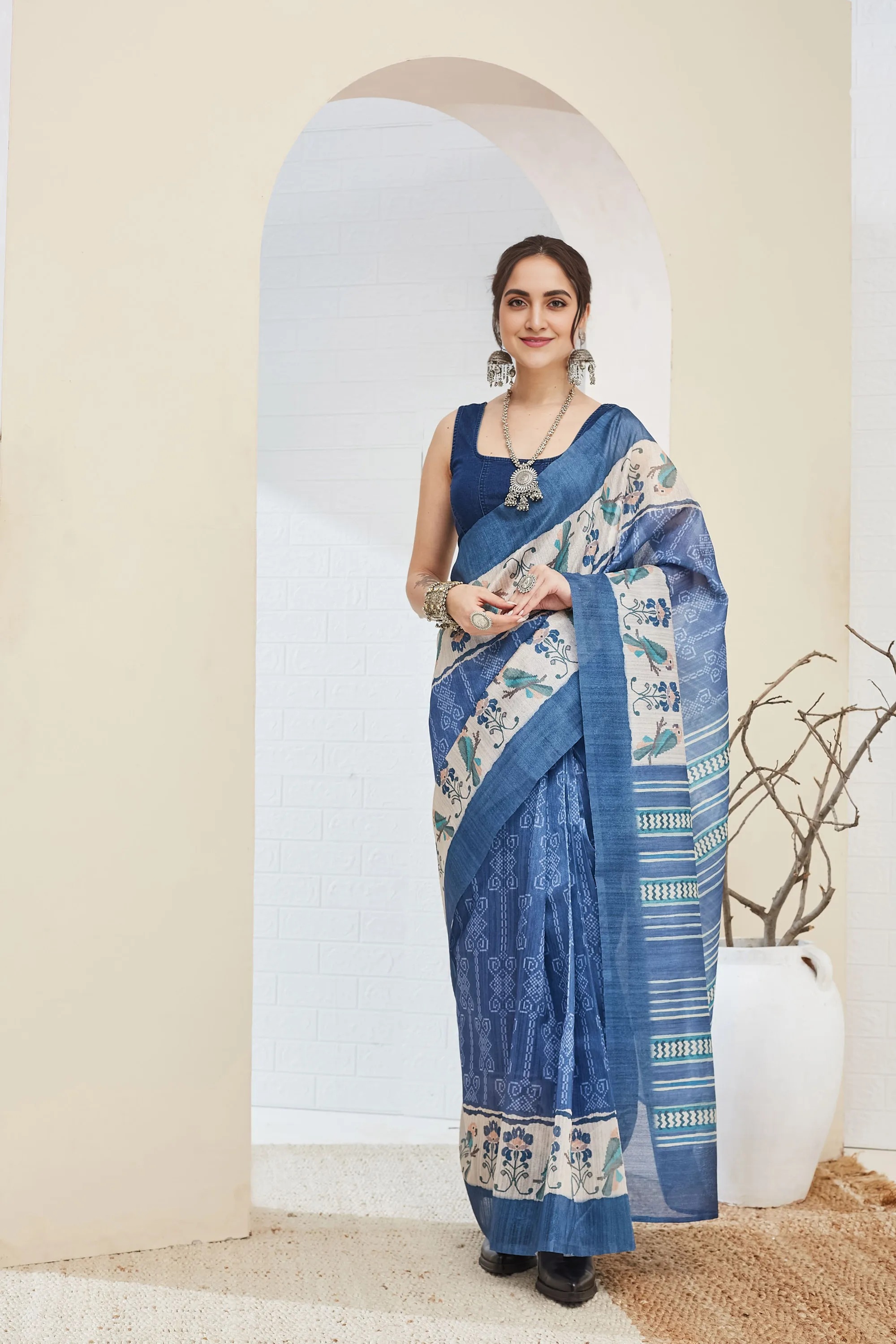 Classic Blue Ethnic Printed Silk Blend Ready To Wear Saree