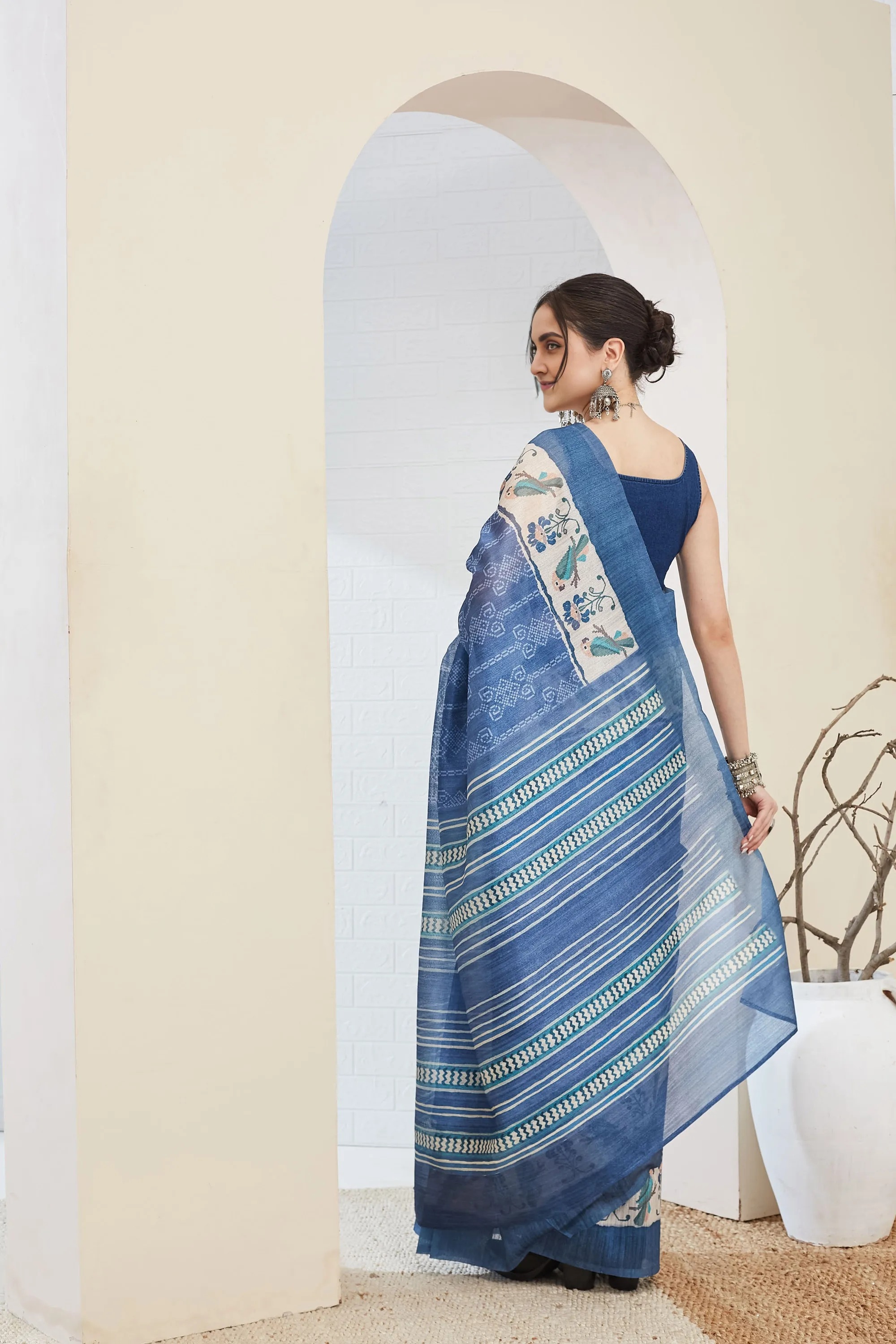 Classic Blue Ethnic Printed Silk Blend Ready To Wear Saree — alternate view