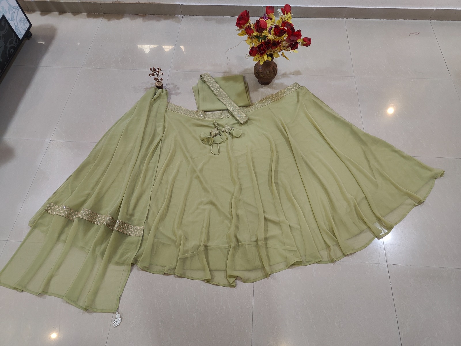 Classic Green Plain Faux Georgette Lehenga Choli