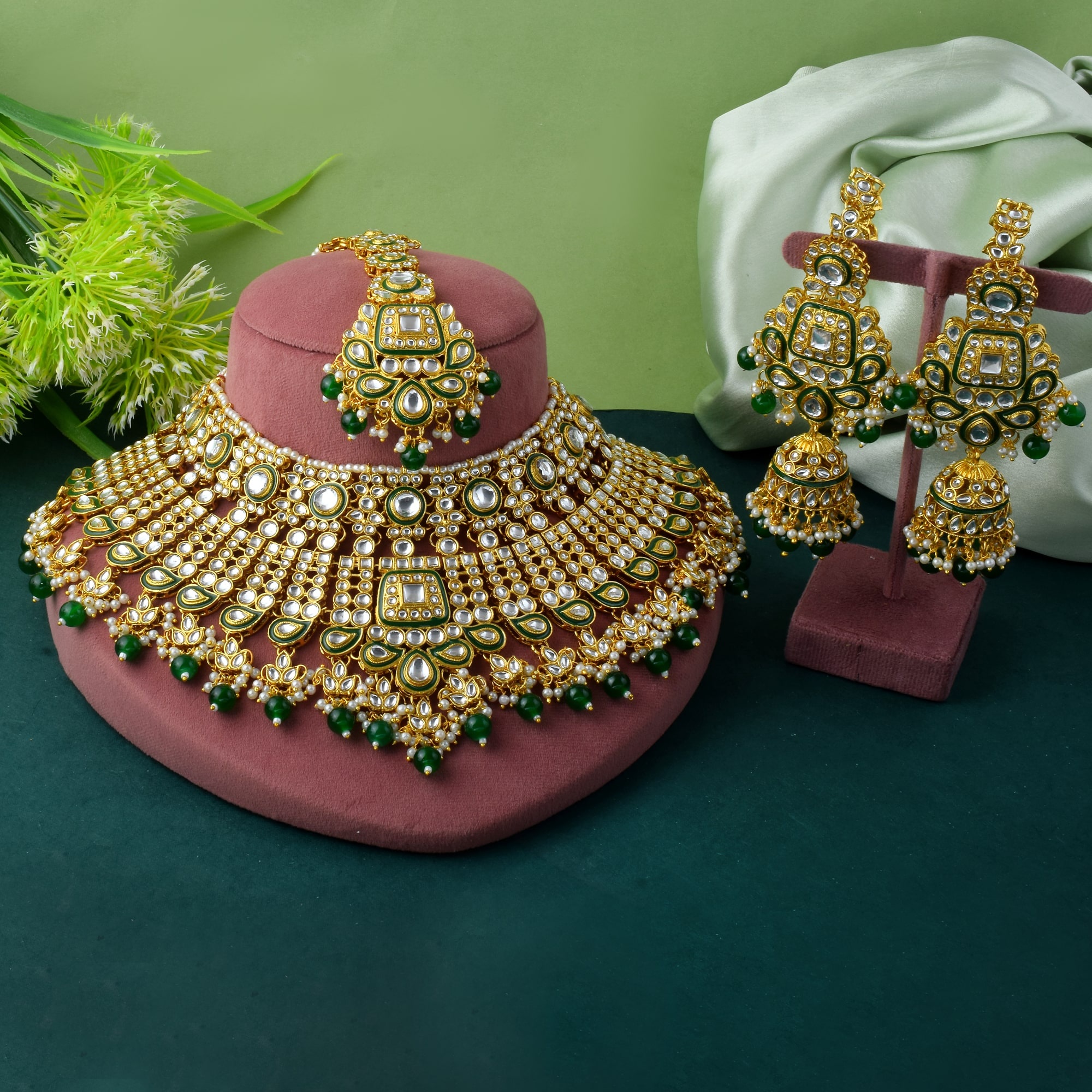 Classic Kundan Polki Green Bead Bridal Necklace Set